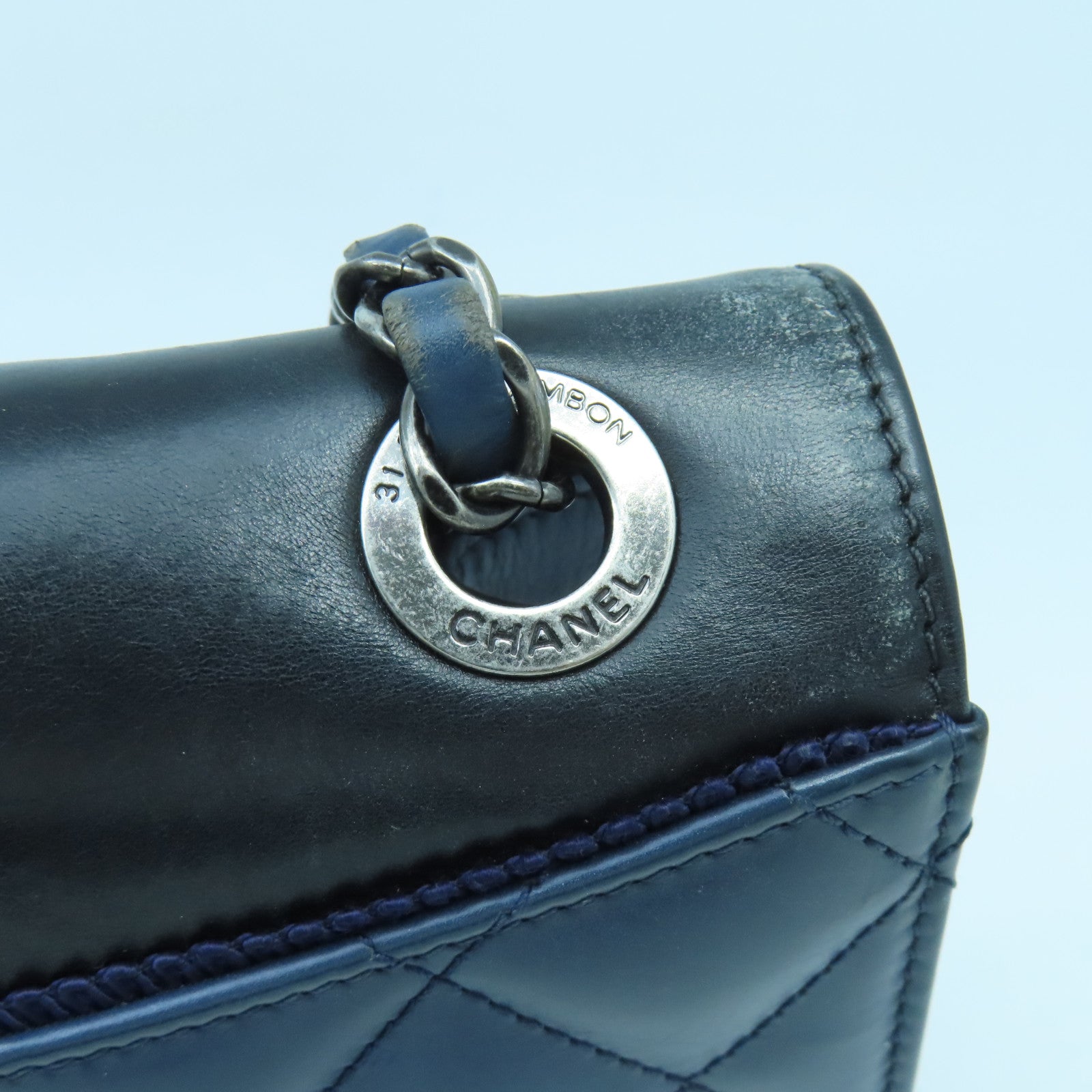 CHANEL 菱格牛皮皮革Chain Shoulder銀扣鏈帶肩背袋藍色