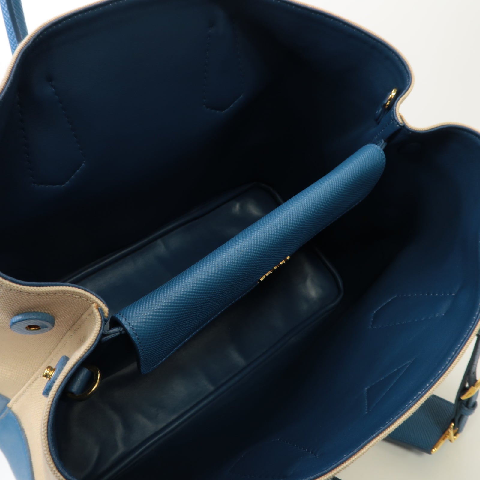 PRADA 帆布/牛皮皮革2way Shoulder Bag金扣手挽肩背兩用袋藍色/米色