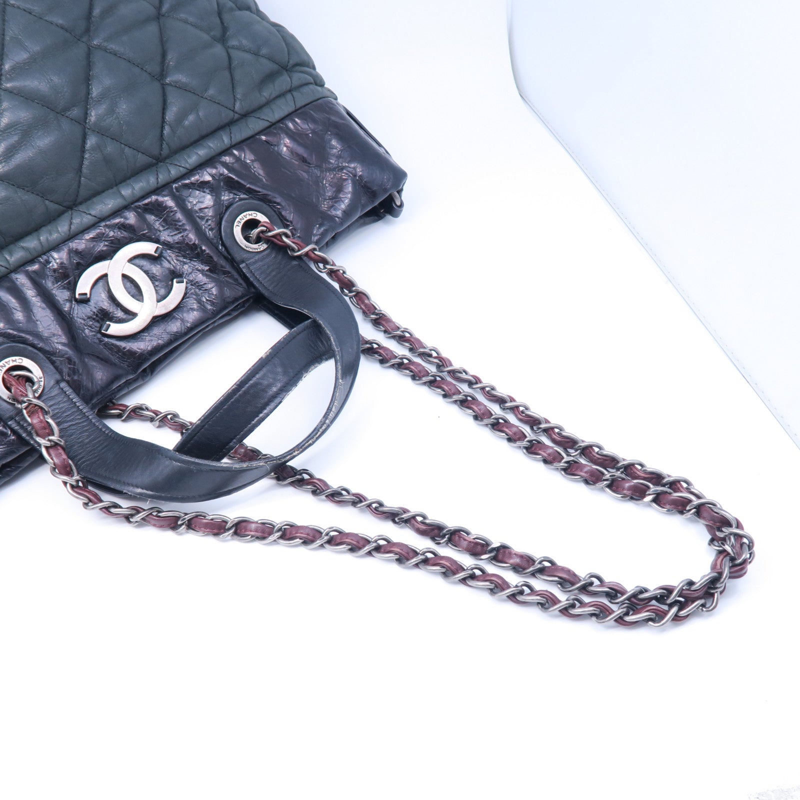 CHANEL 菱格牛皮皮革2 Way Shoulder Bag銀扣鏈帶肩背袋黑色/灰色