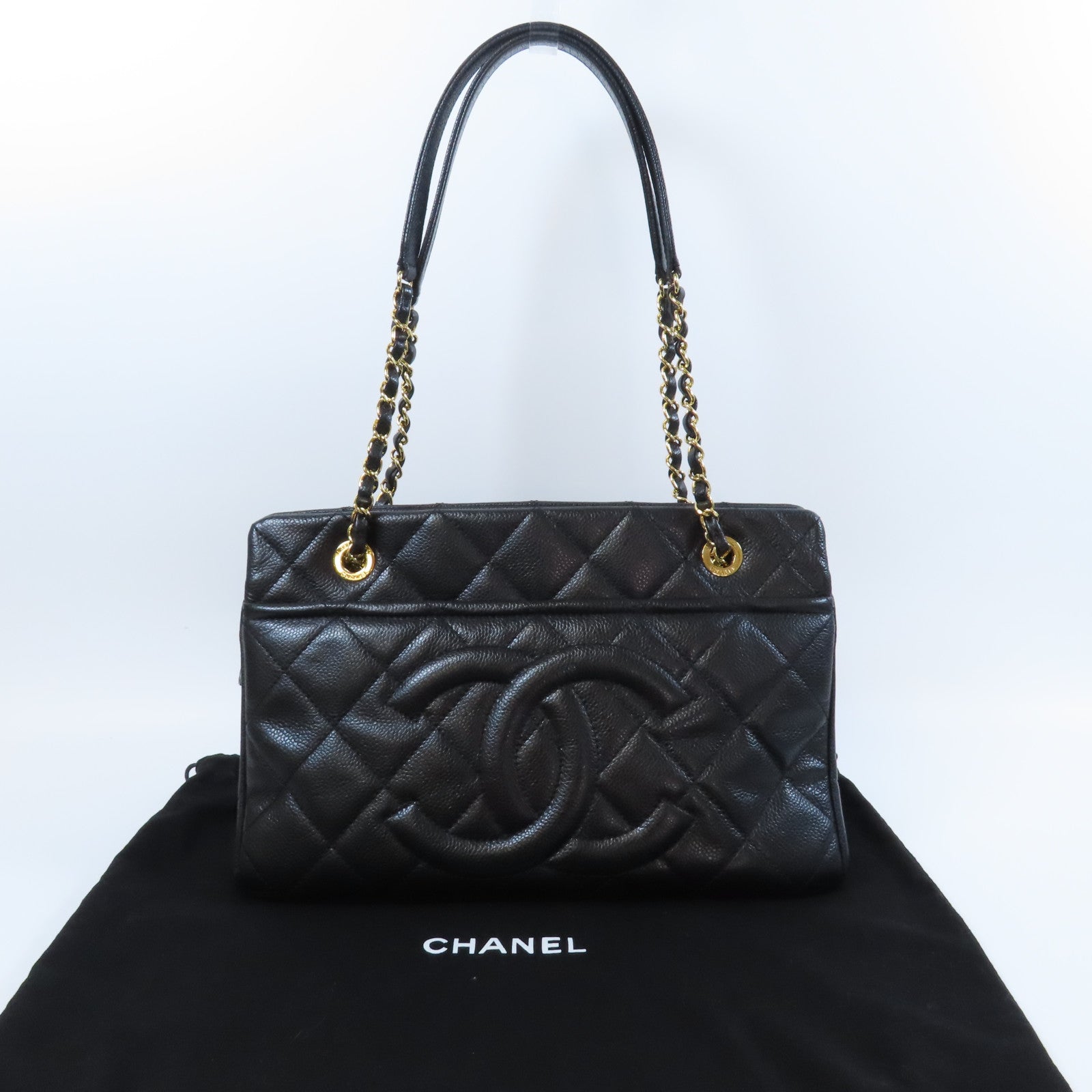 CHANEL 菱格Caviar皮革Chain Tote金扣鏈帶肩背袋黑色