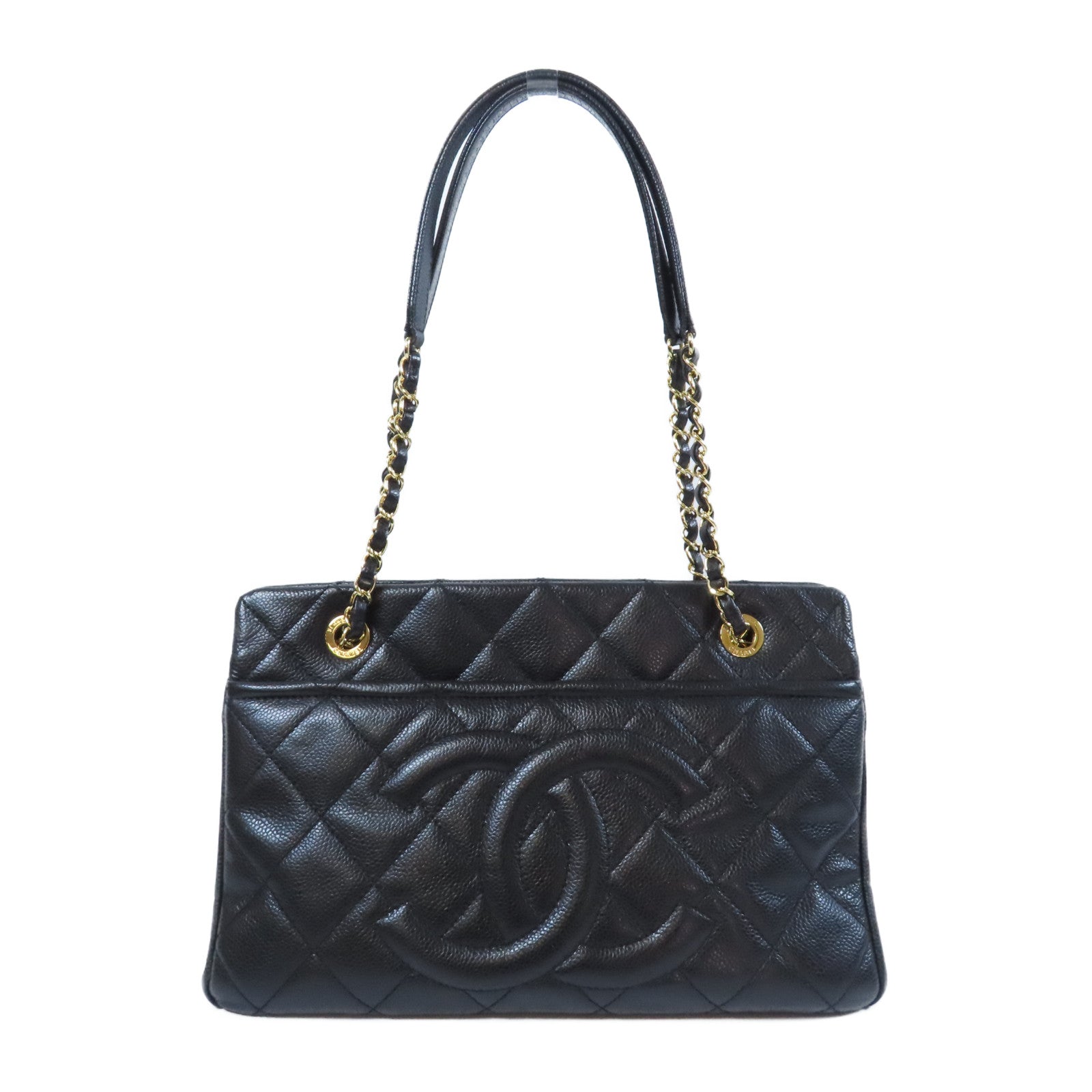 CHANEL 菱格Caviar皮革Chain Tote金扣鏈帶肩背袋黑色