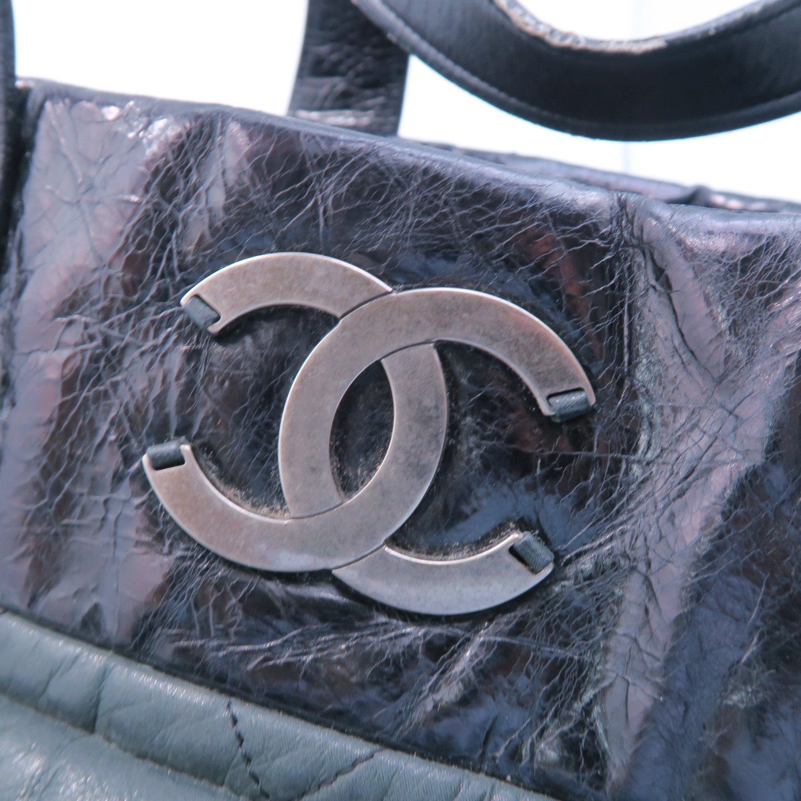 CHANEL 菱格牛皮皮革2 Way Shoulder Bag銀扣鏈帶肩背袋黑色/灰色