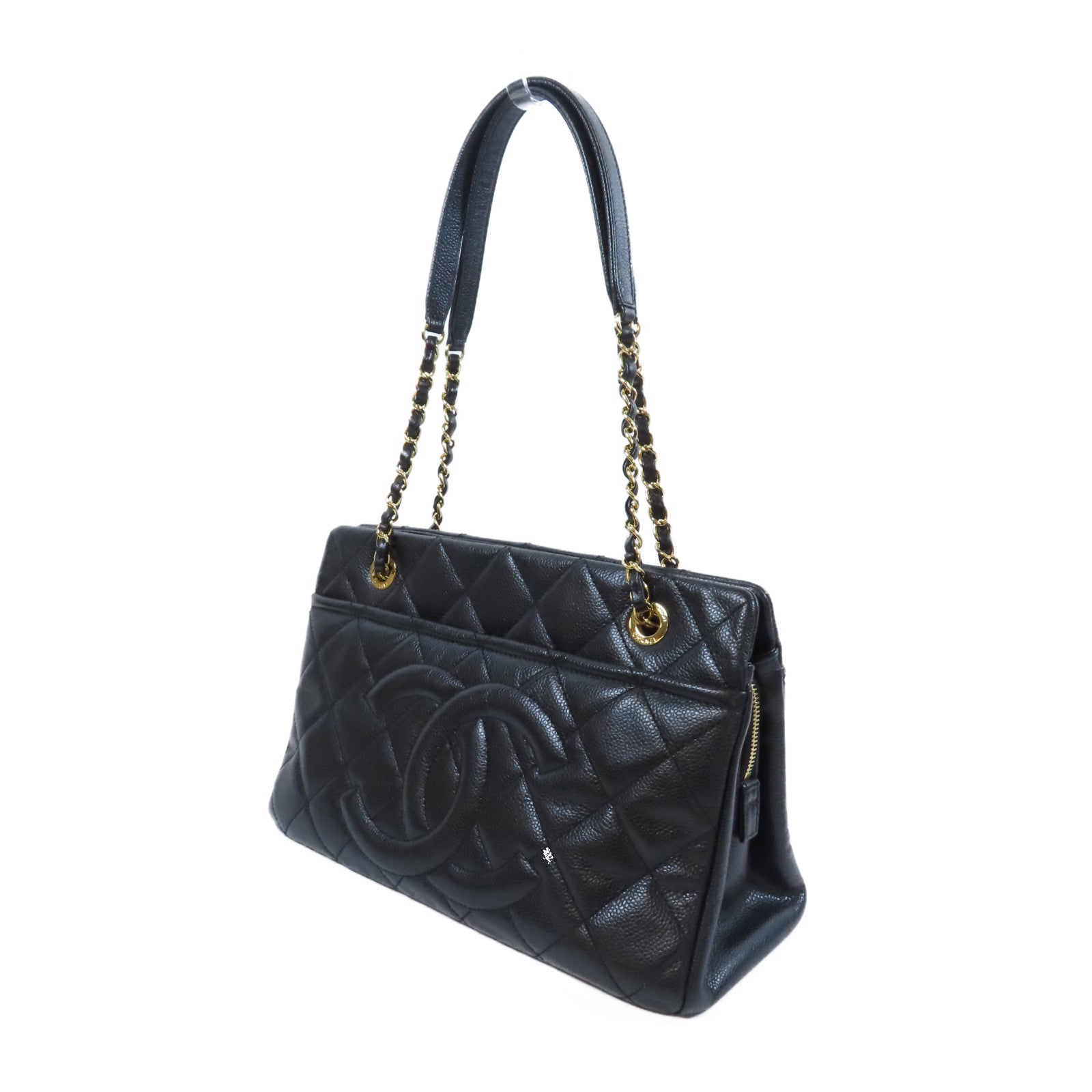 CHANEL 菱格Caviar皮革Chain Tote金扣鏈帶肩背袋黑色
