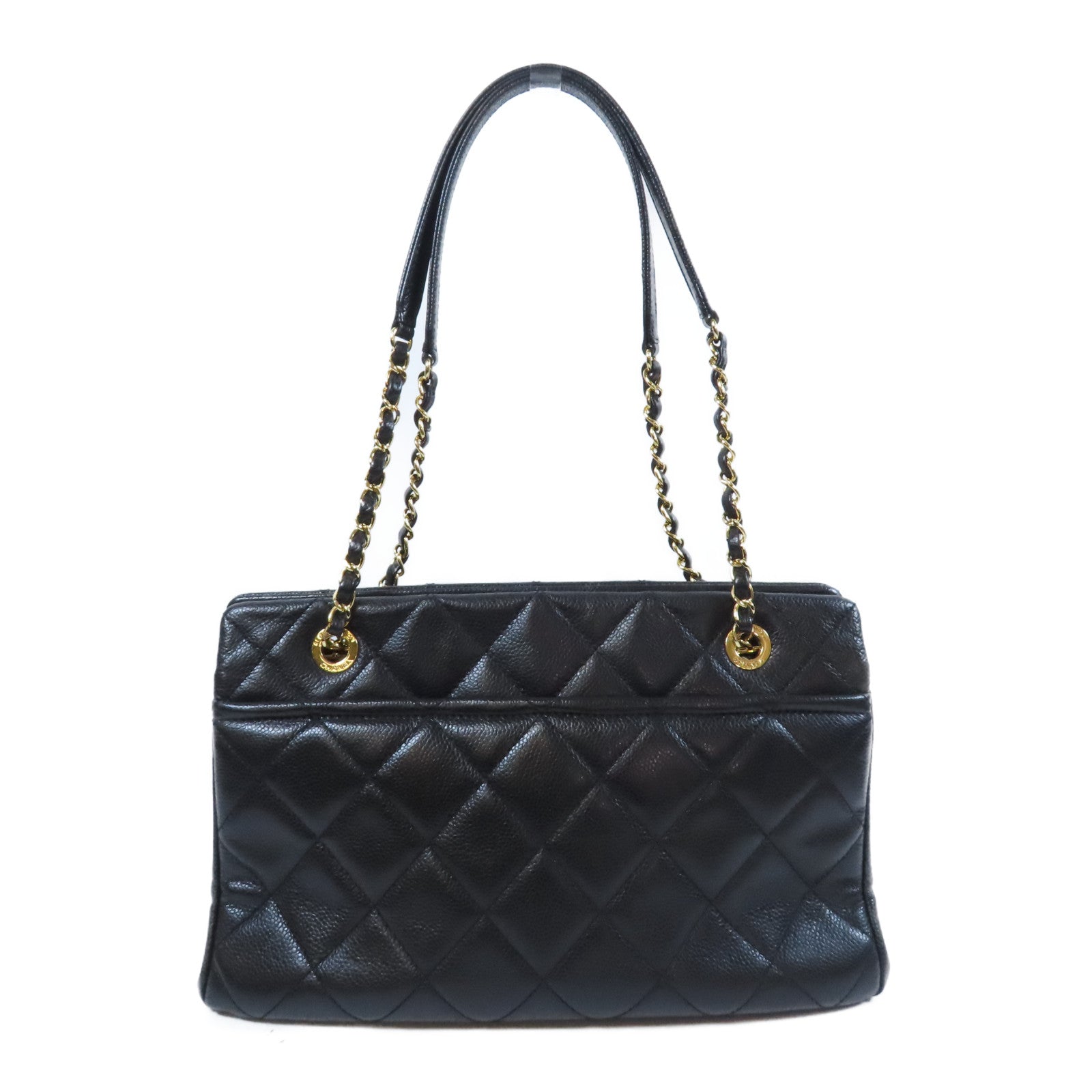 CHANEL 菱格Caviar皮革Chain Tote金扣鏈帶肩背袋黑色