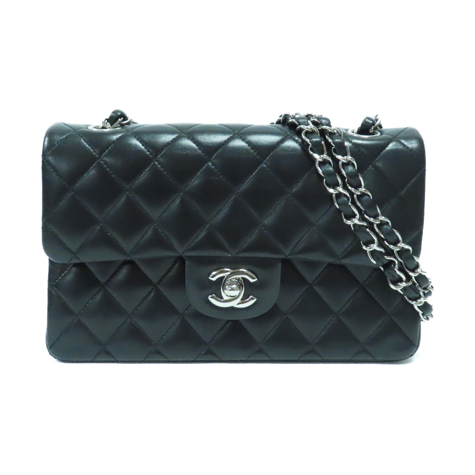 CHANEL 菱格羊皮皮革Classic 23cm銀扣鏈帶肩背袋黑色