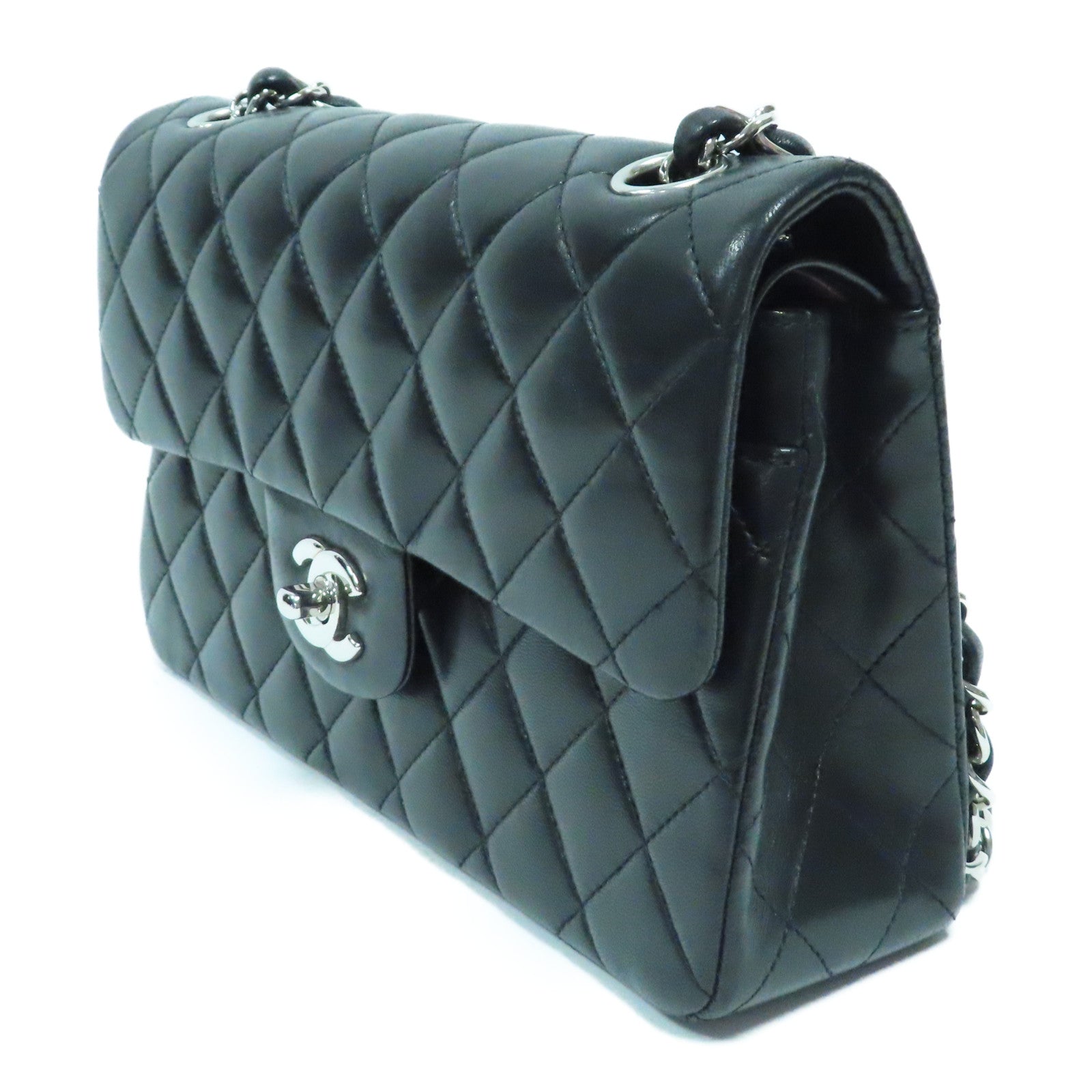 CHANEL 菱格羊皮皮革Classic 23cm銀扣鏈帶肩背袋黑色