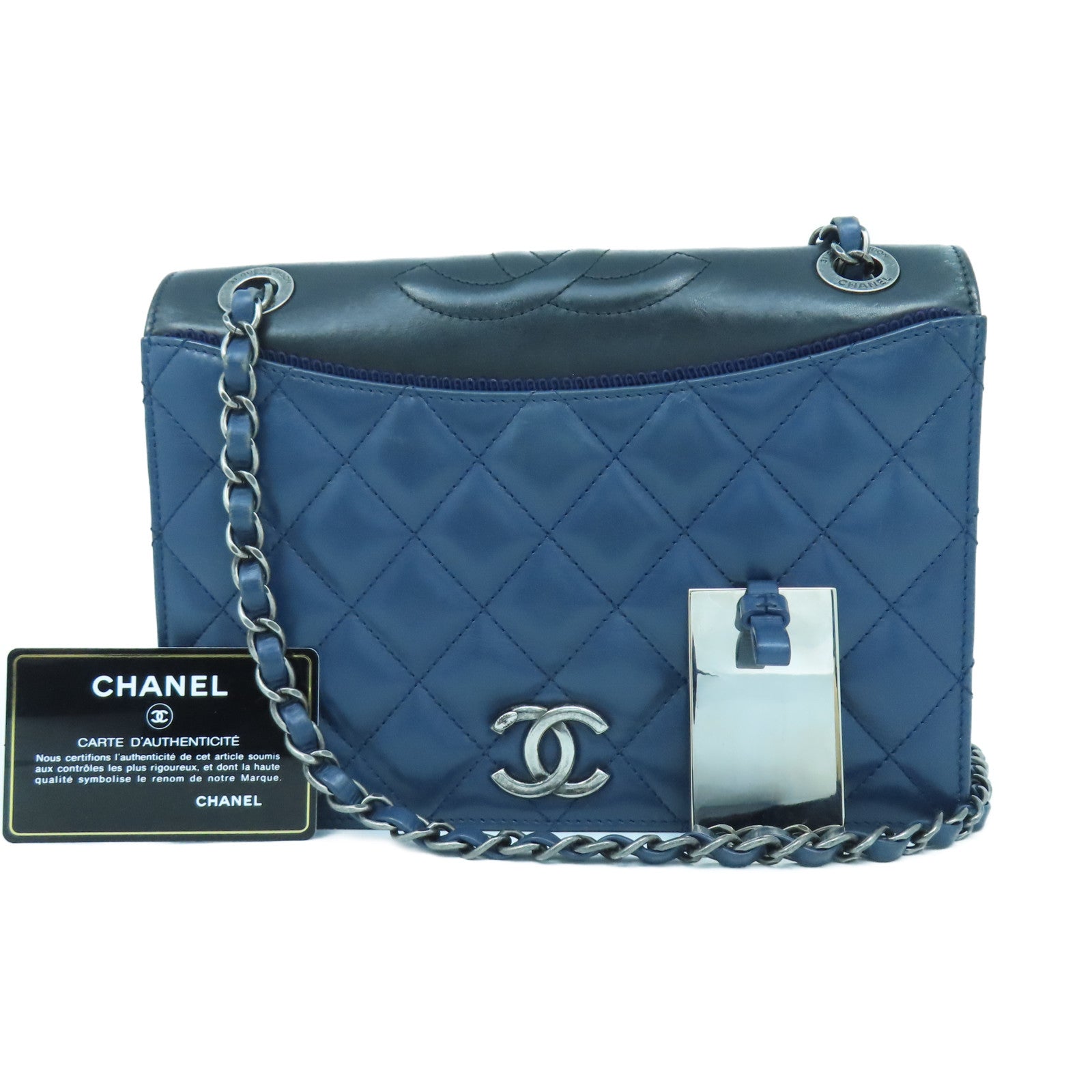 CHANEL 菱格牛皮皮革Chain Shoulder銀扣鏈帶肩背袋藍色