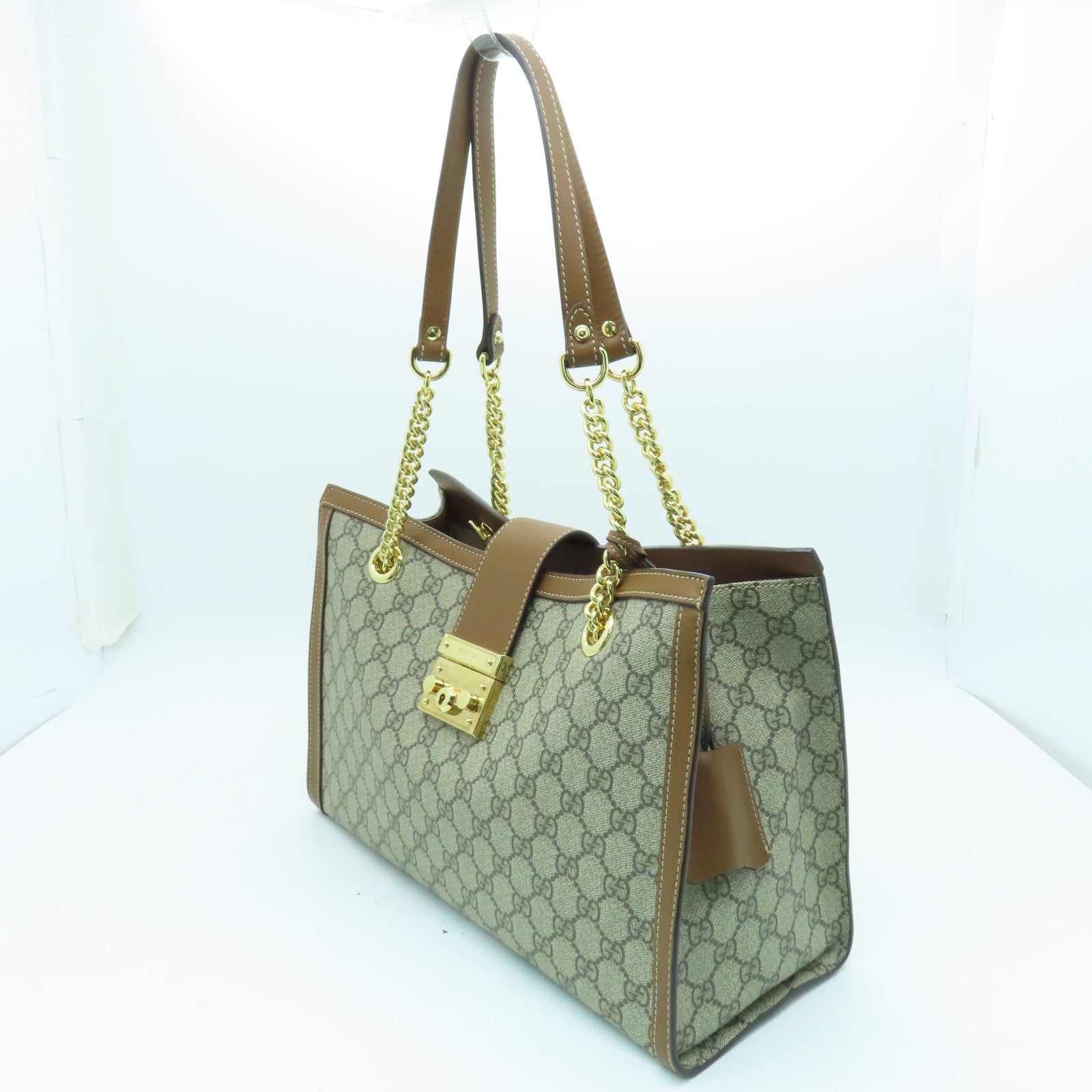 GUCCI 塗層帆布Shoulder Bag金扣鏈帶肩背袋啡色