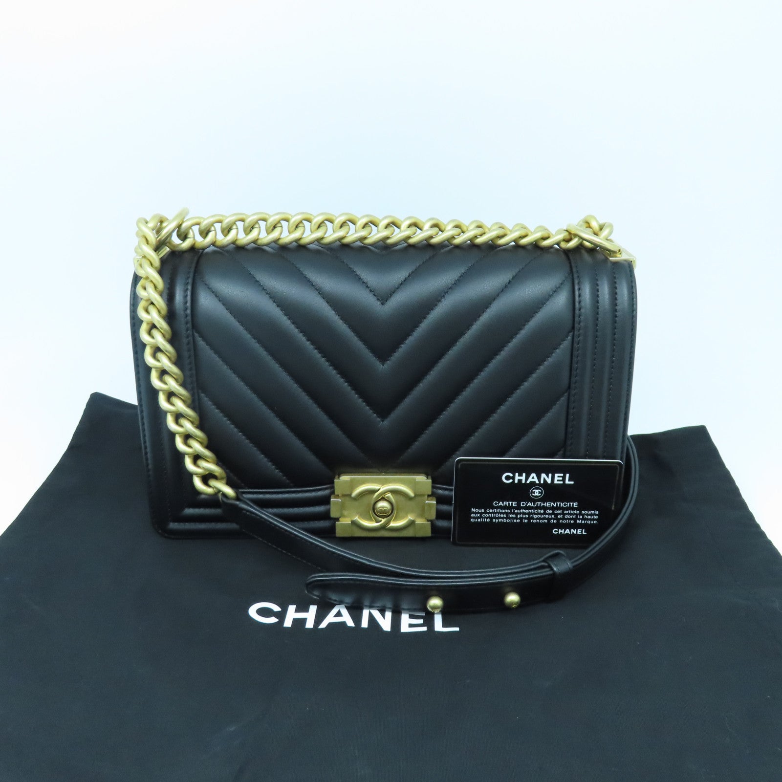 CHANEL 斜纹Boy Chanel金扣链带肩背袋黑色
