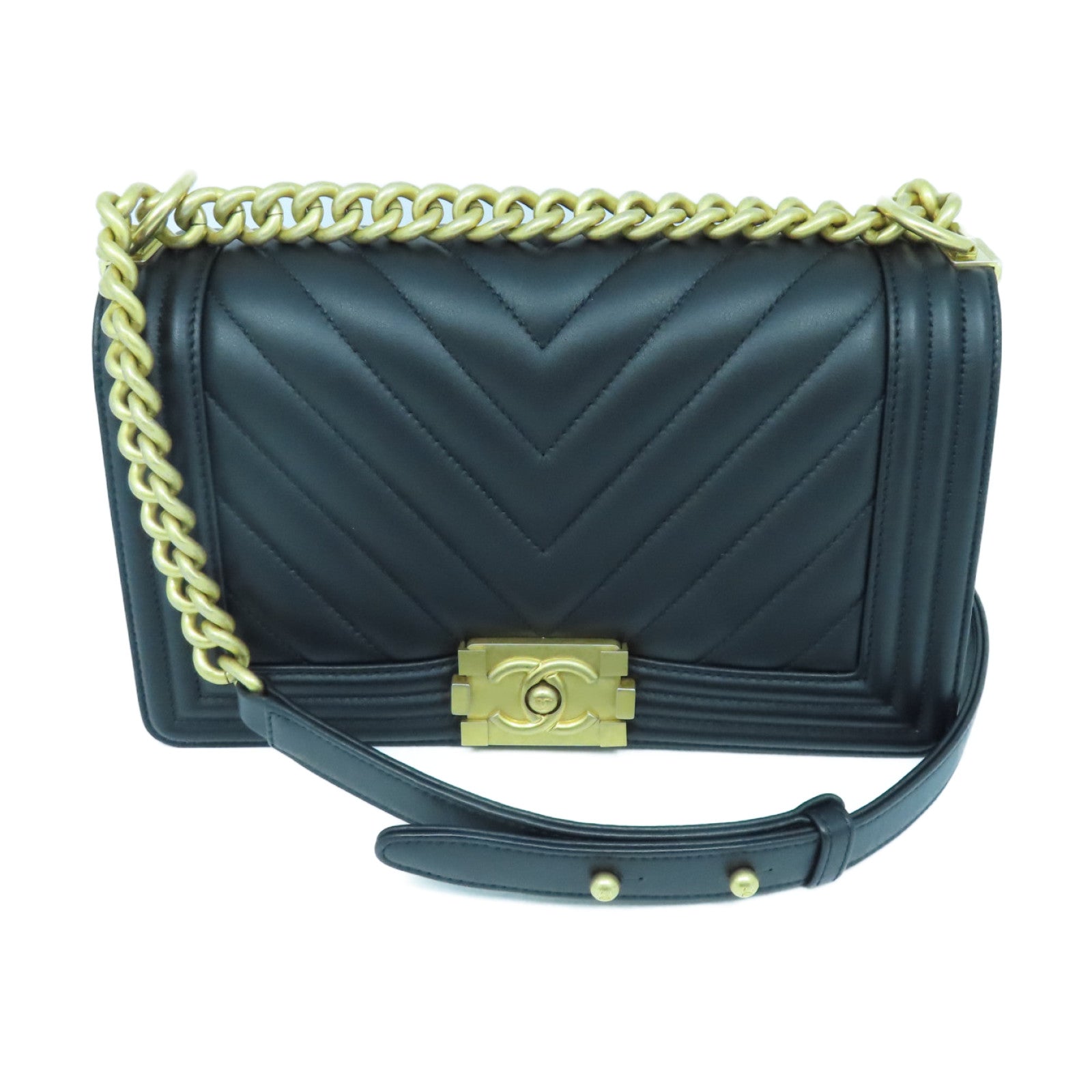 CHANEL 斜纹Boy Chanel金扣链带肩背袋黑色