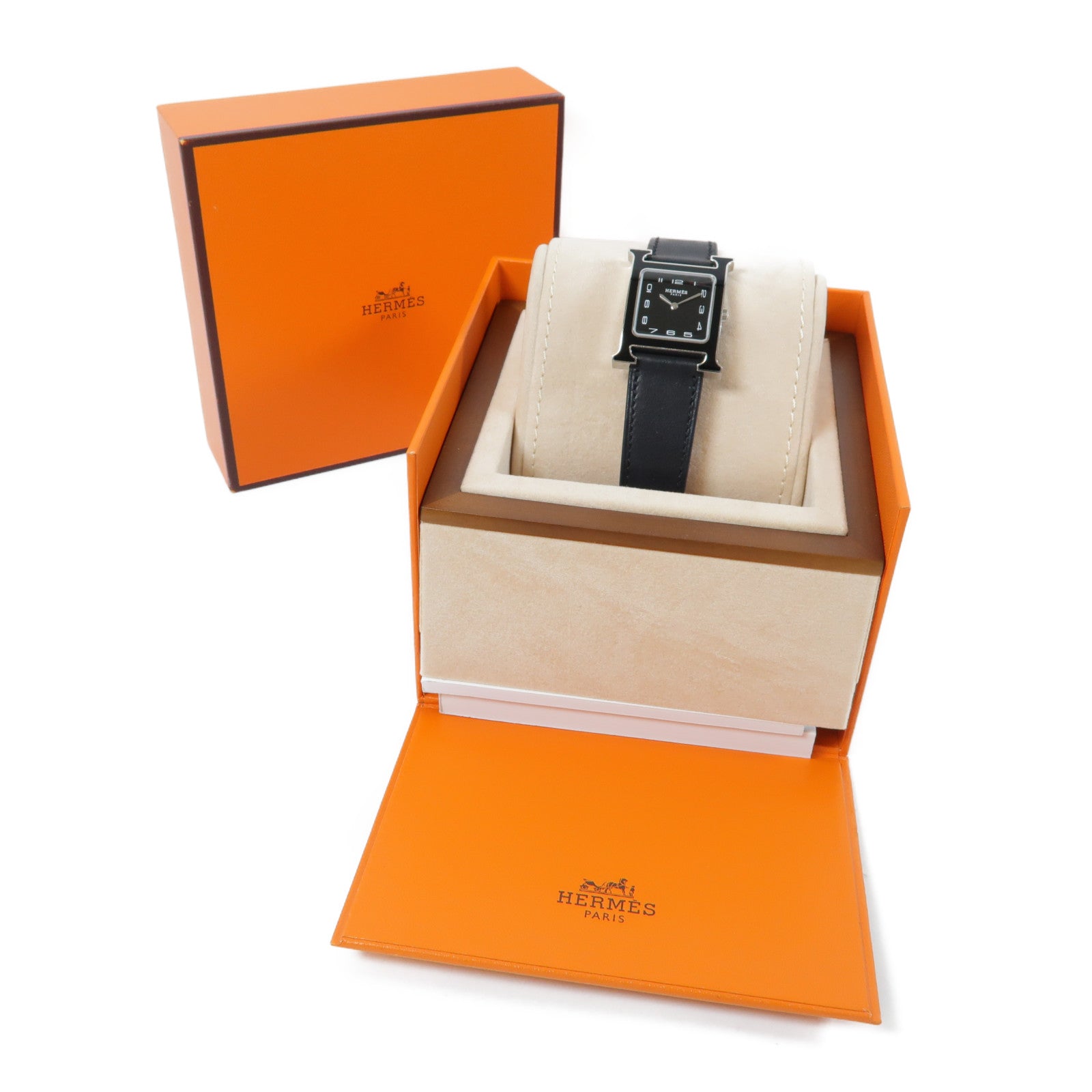 HERMES H Watch黑漆/不鏽鋼/皮革手錶石英機芯黑色