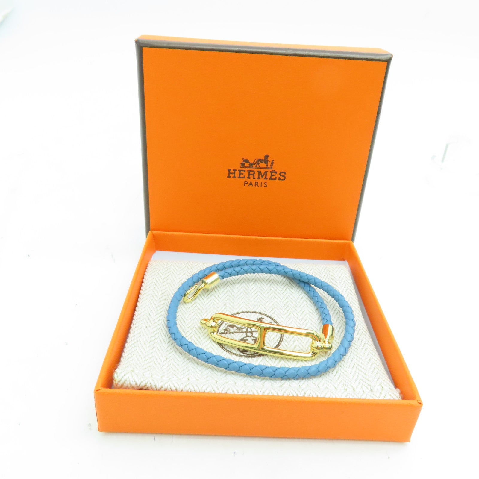 HERMES Swift皮革Roulis Double Tour Bracelet金扣手錬蓝色