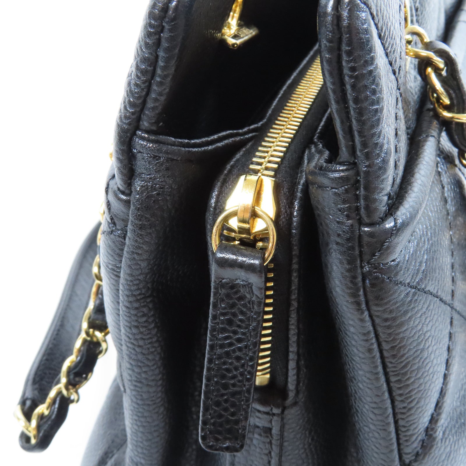 CHANEL 菱格Caviar皮革Chain Tote金扣鏈帶肩背袋黑色