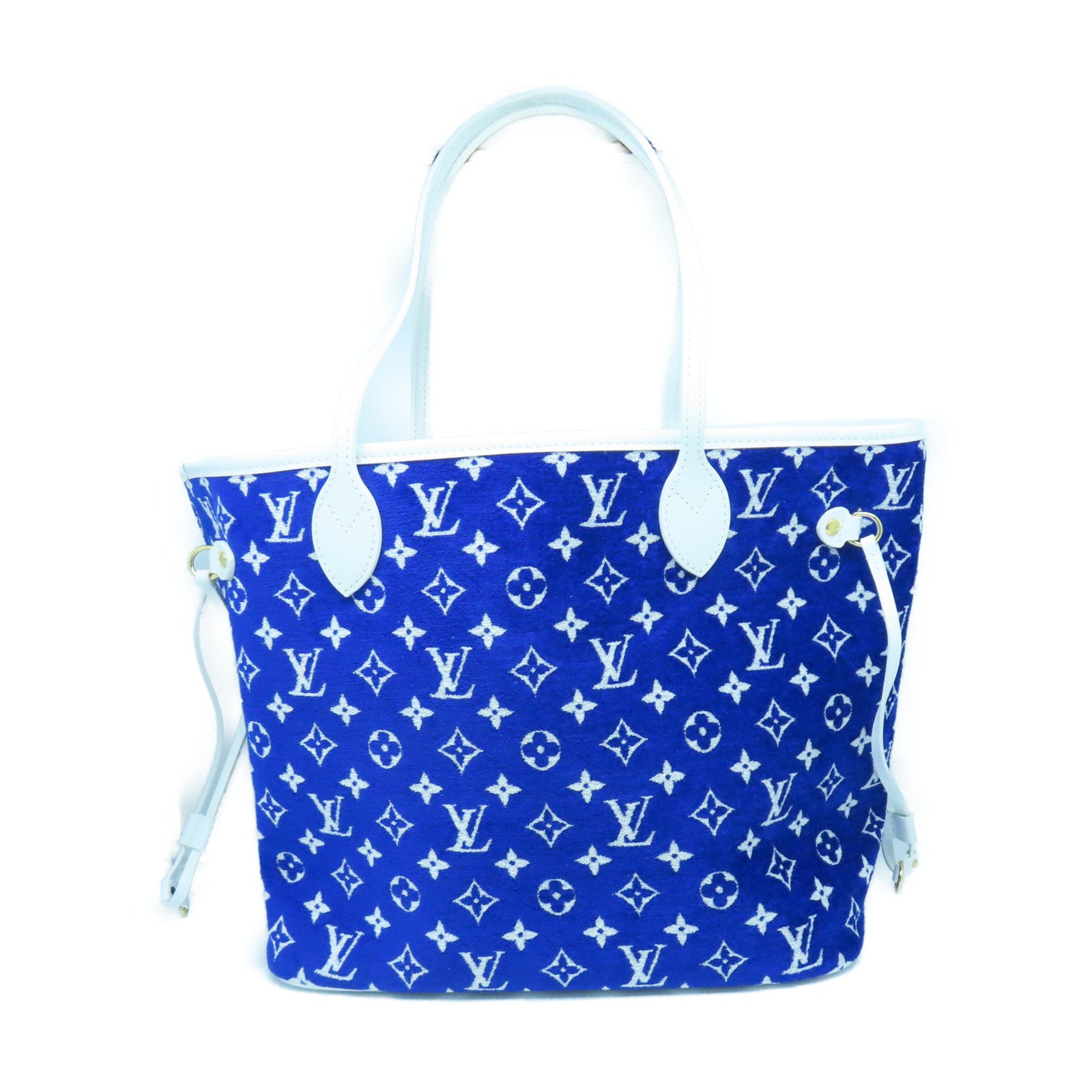 LOUIS VUITTON Jacquard Canvas/Leather Neverfull MM Gold Buckle Handle Bag White/Blue