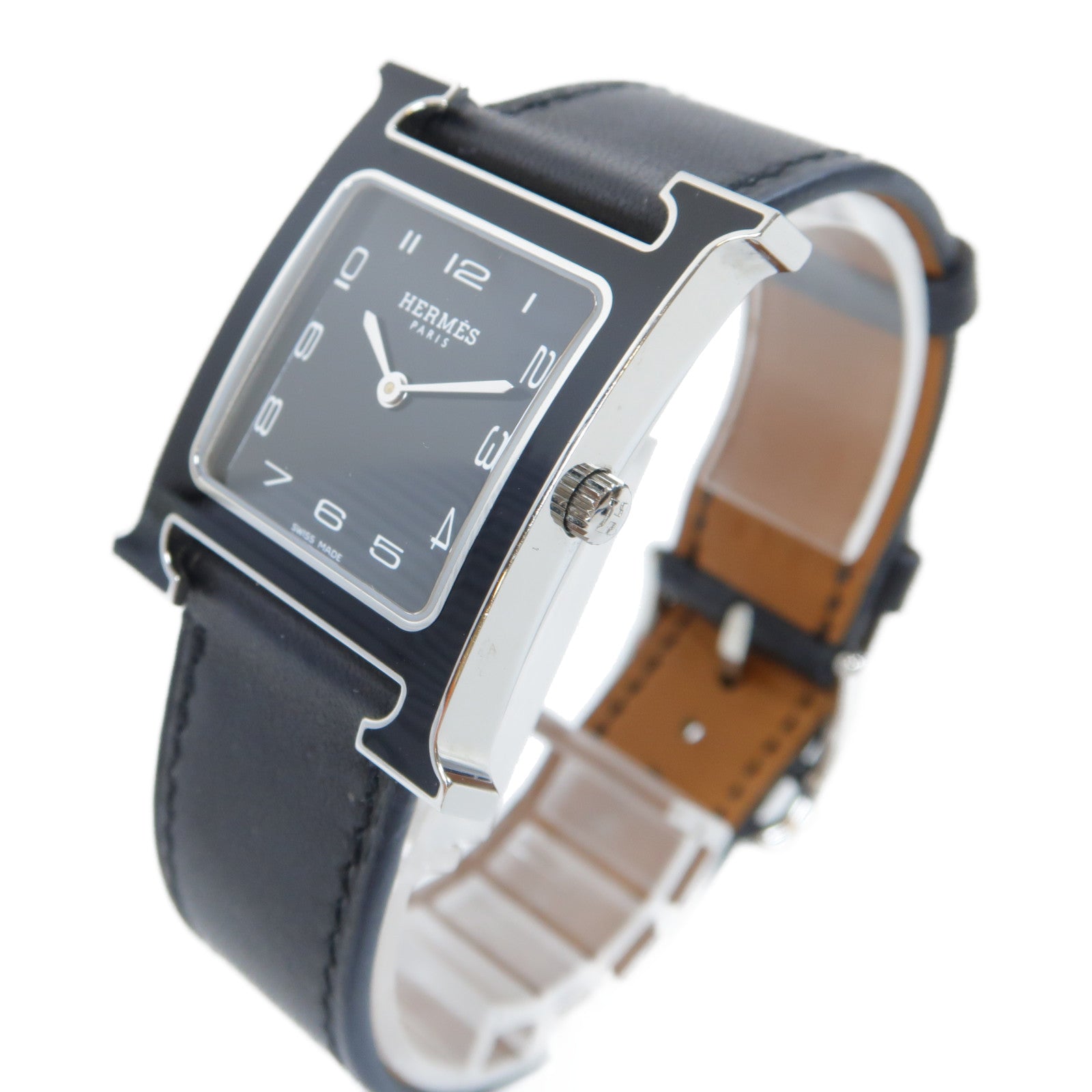HERMES H Watch黑漆/不鏽鋼/皮革手錶石英機芯黑色