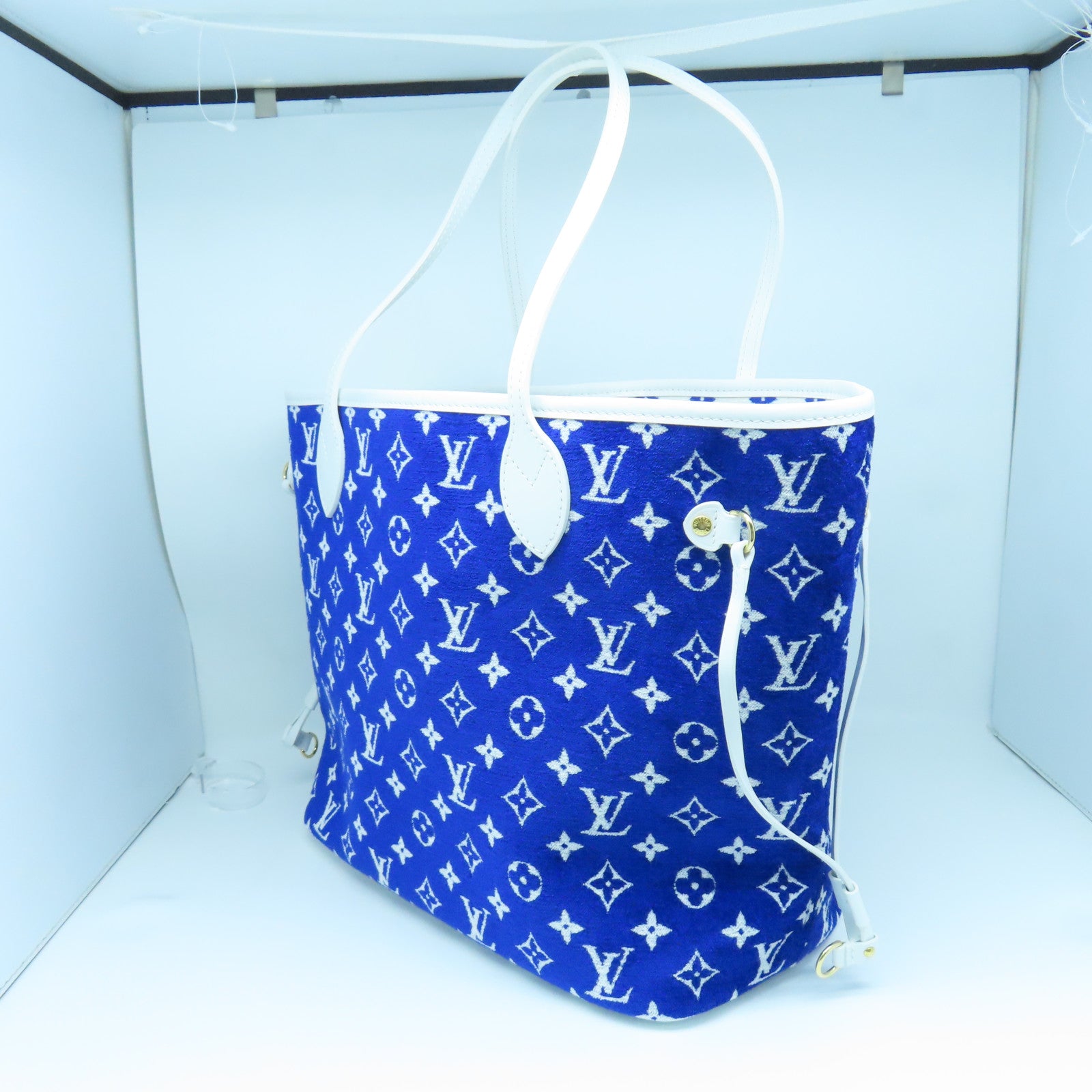 LOUIS VUITTON Jacquard Canvas/Leather Neverfull MM Gold Buckle Handle Bag White/Blue