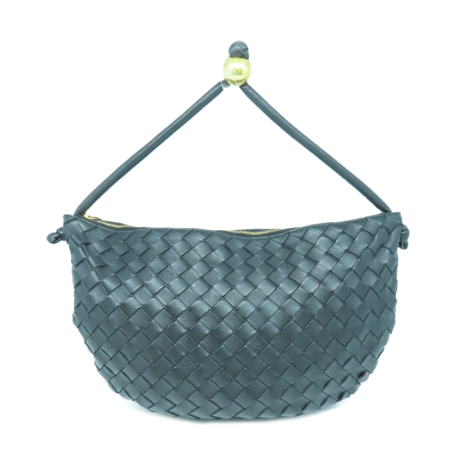 BOTTEGA VENETA 织纹皮革Handbag金扣手挽袋黑色