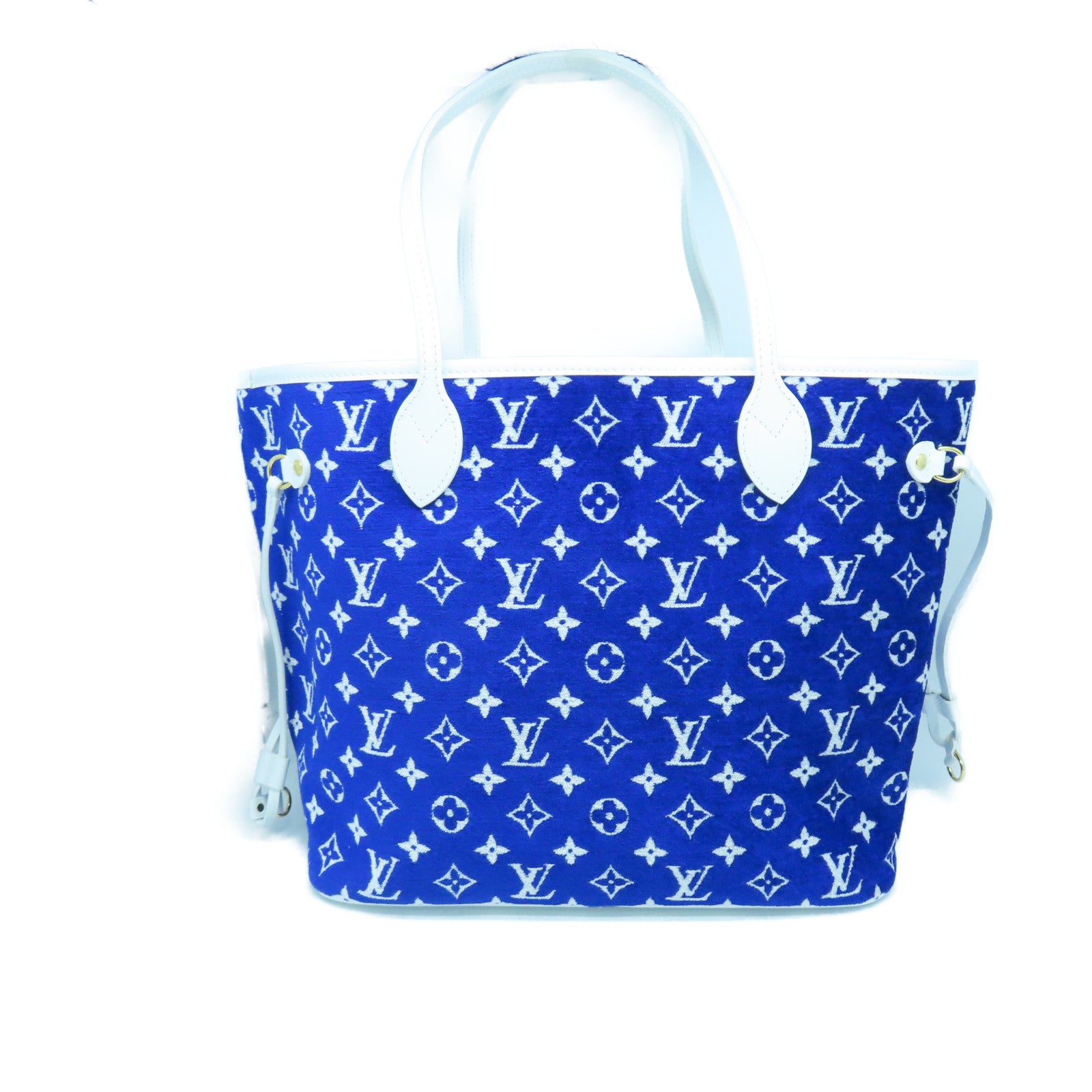 LOUIS VUITTON Jacquard Canvas/Leather Neverfull MM Gold Buckle Handle Bag White/Blue