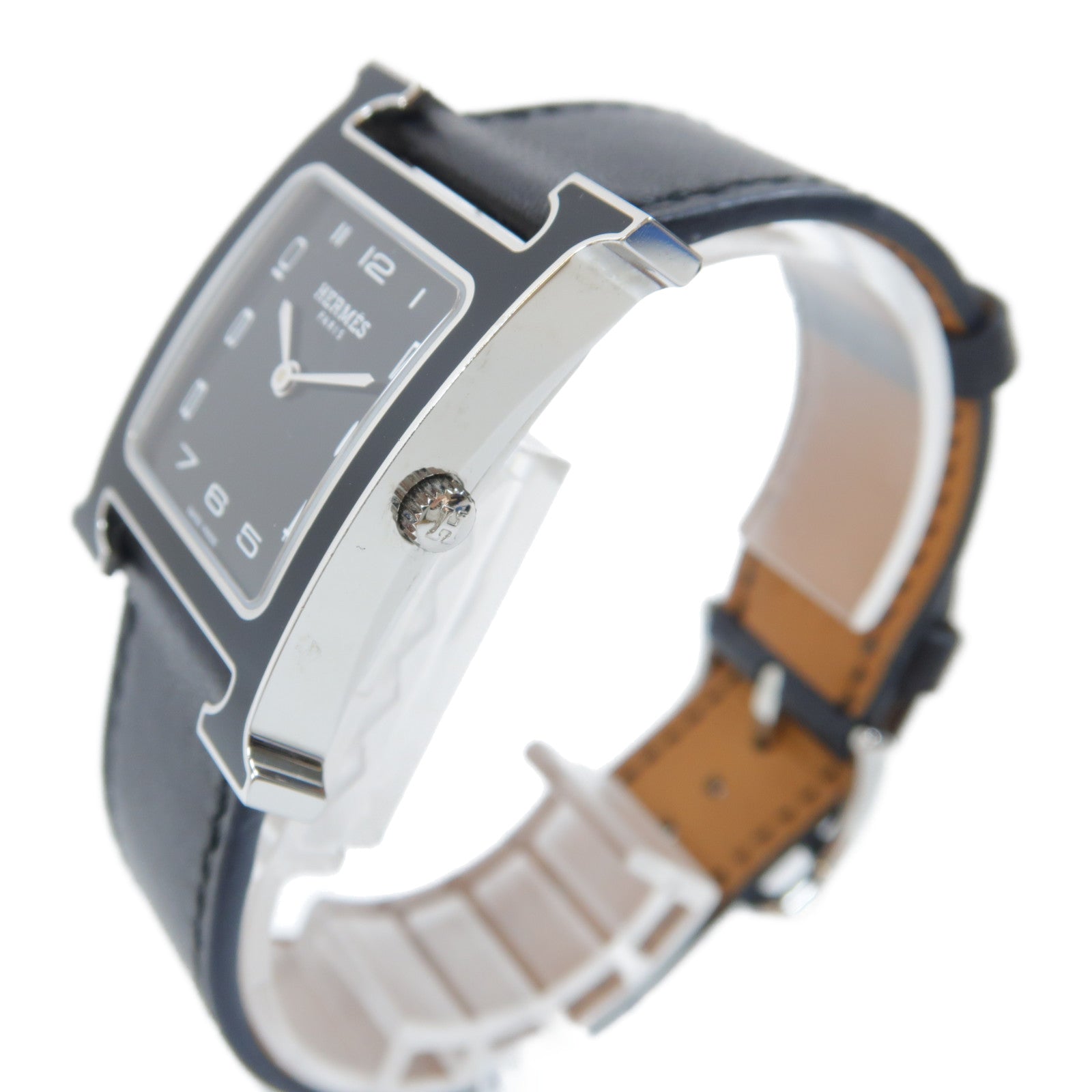 HERMES H Watch黑漆/不鏽鋼/皮革手錶石英機芯黑色