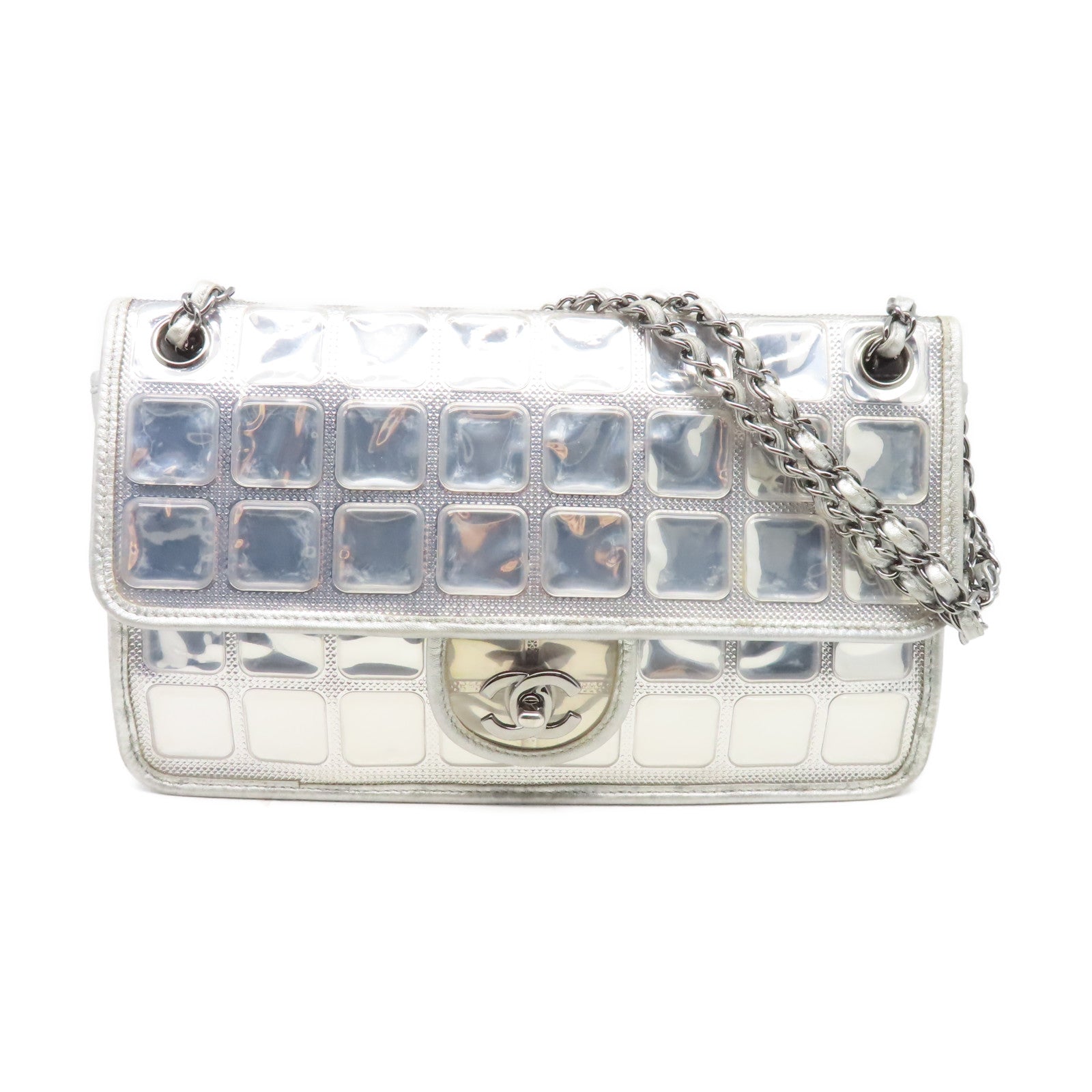 CHANEL 菱格牛皮皮革Chain Shoulder銀扣肩背袋銀色