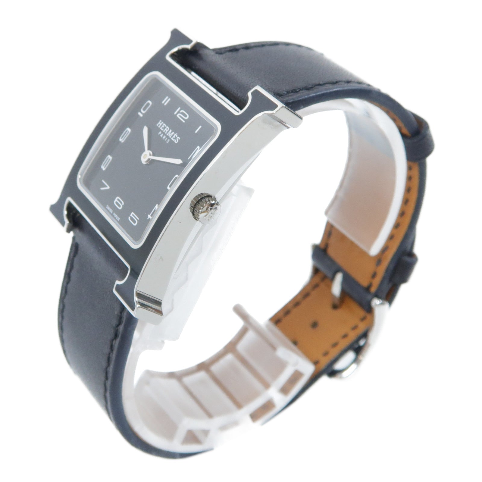 HERMES H Watch黑漆/不鏽鋼/皮革手錶石英機芯黑色