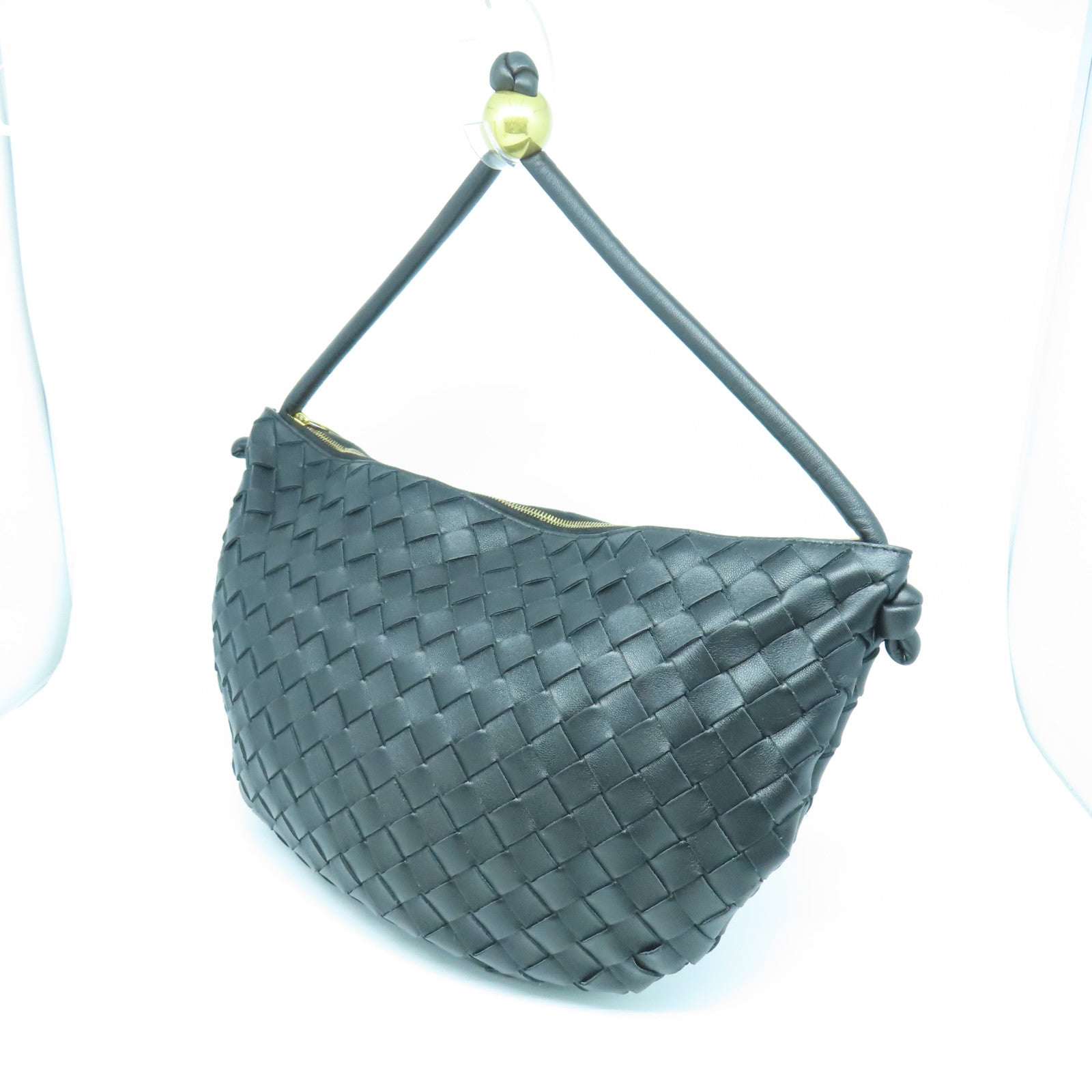 BOTTEGA VENETA 织纹皮革Handbag金扣手挽袋黑色