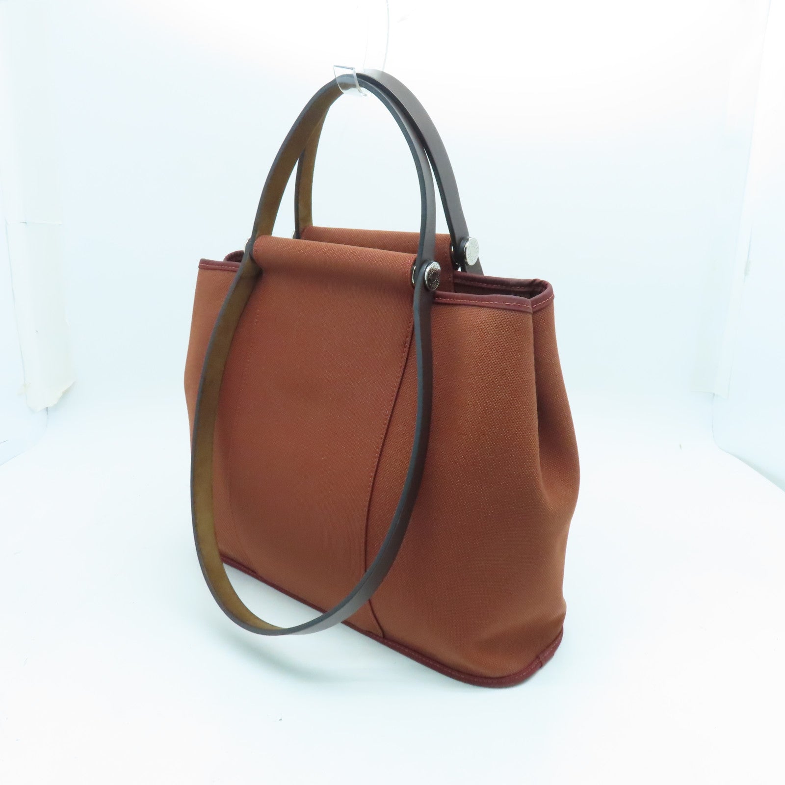 HERMES Canvas Cabag Silver Buckle Handle Shoulder Bag Brique Brown