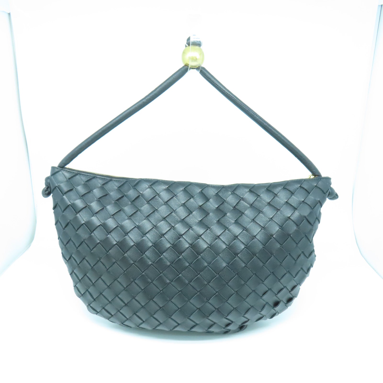 BOTTEGA VENETA 织纹皮革Handbag金扣手挽袋黑色