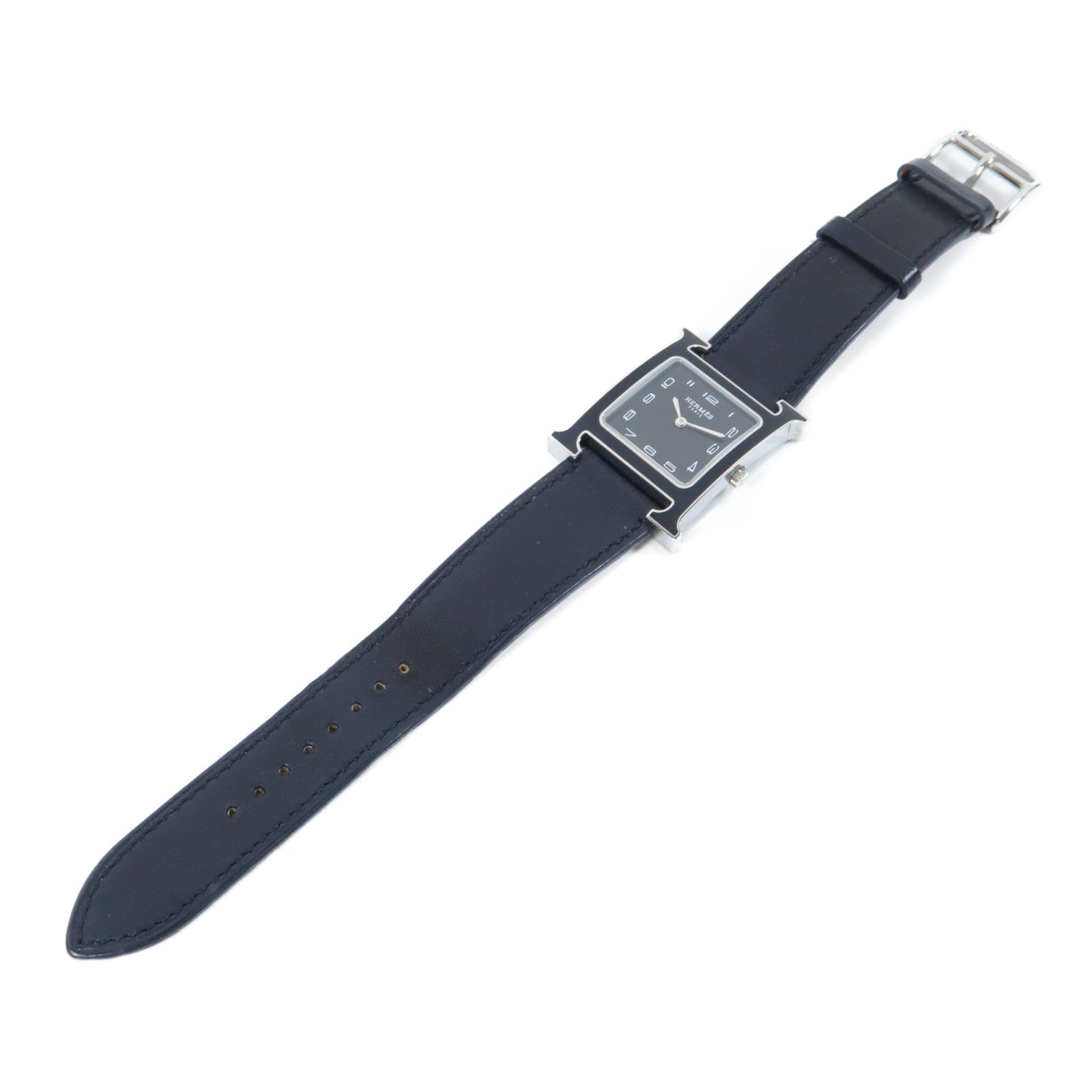 HERMES H Watch黑漆/不鏽鋼/皮革手錶石英機芯黑色