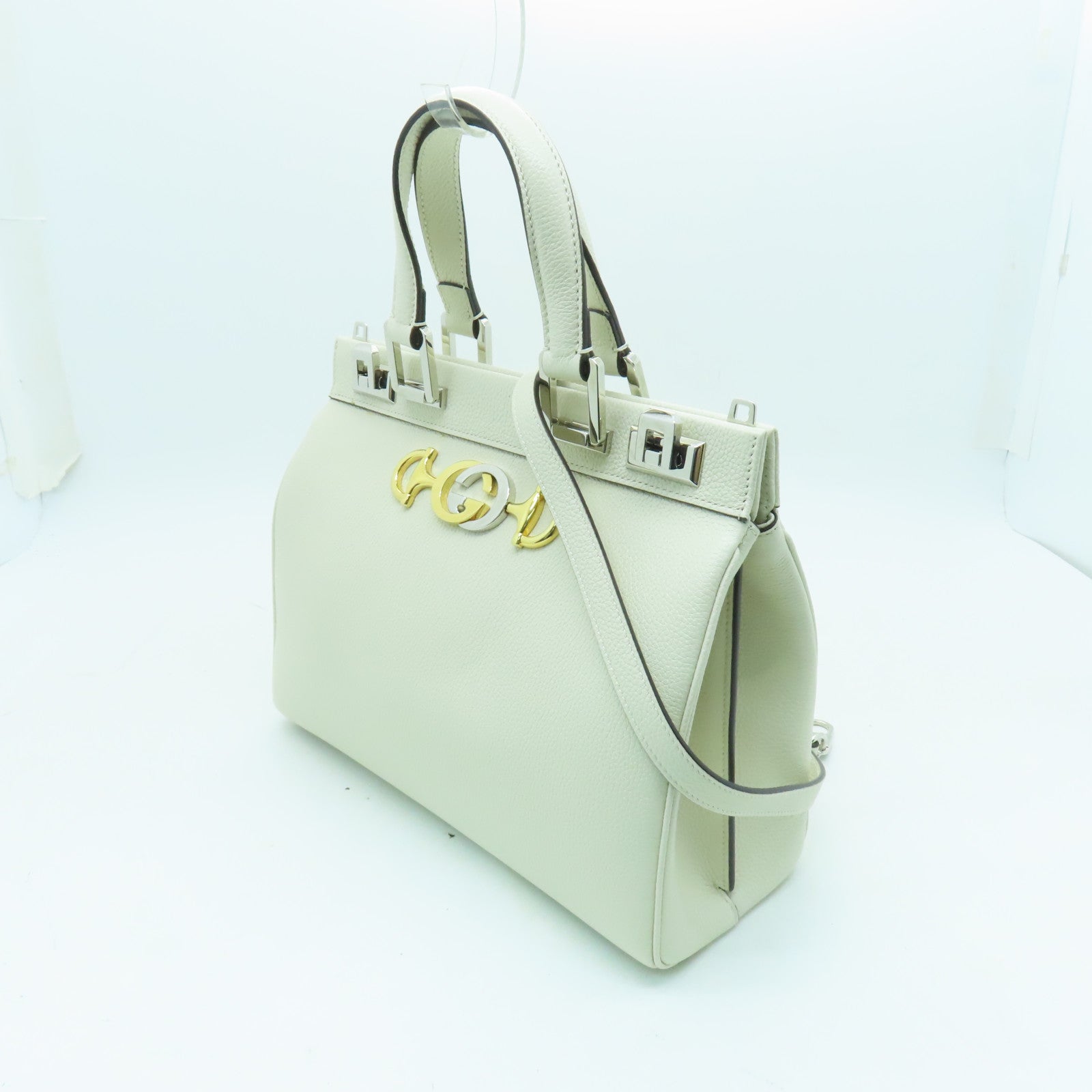 GUCCI 牛皮皮革2 Way Shoulder銀扣/金扣手挽肩背兩用袋白色