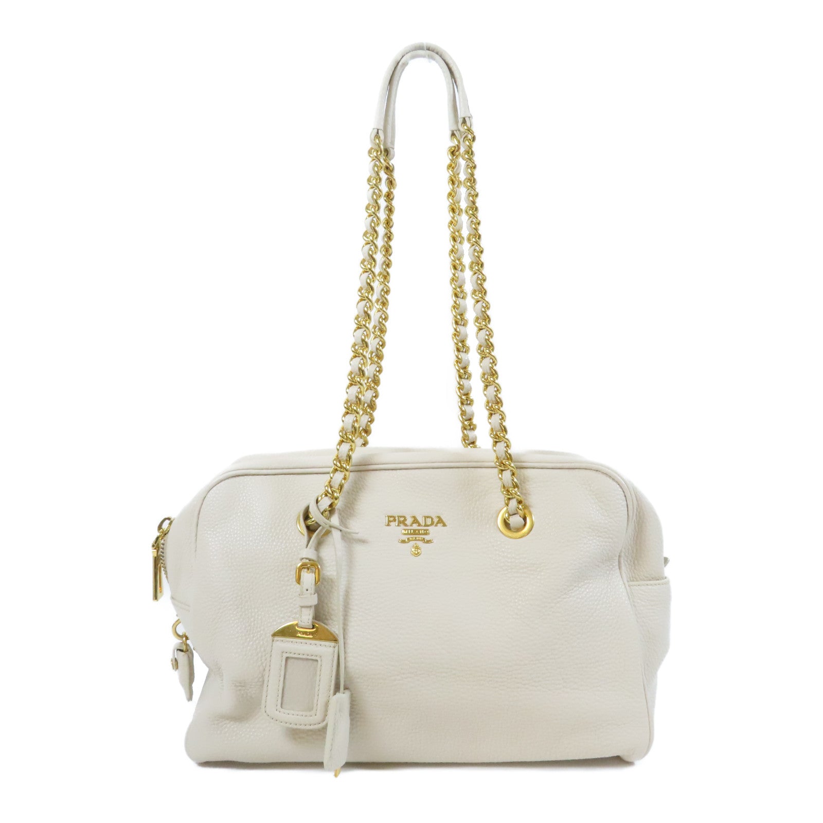 PRADA 牛皮皮革Shoulder Bag金扣鏈帶肩背袋米色