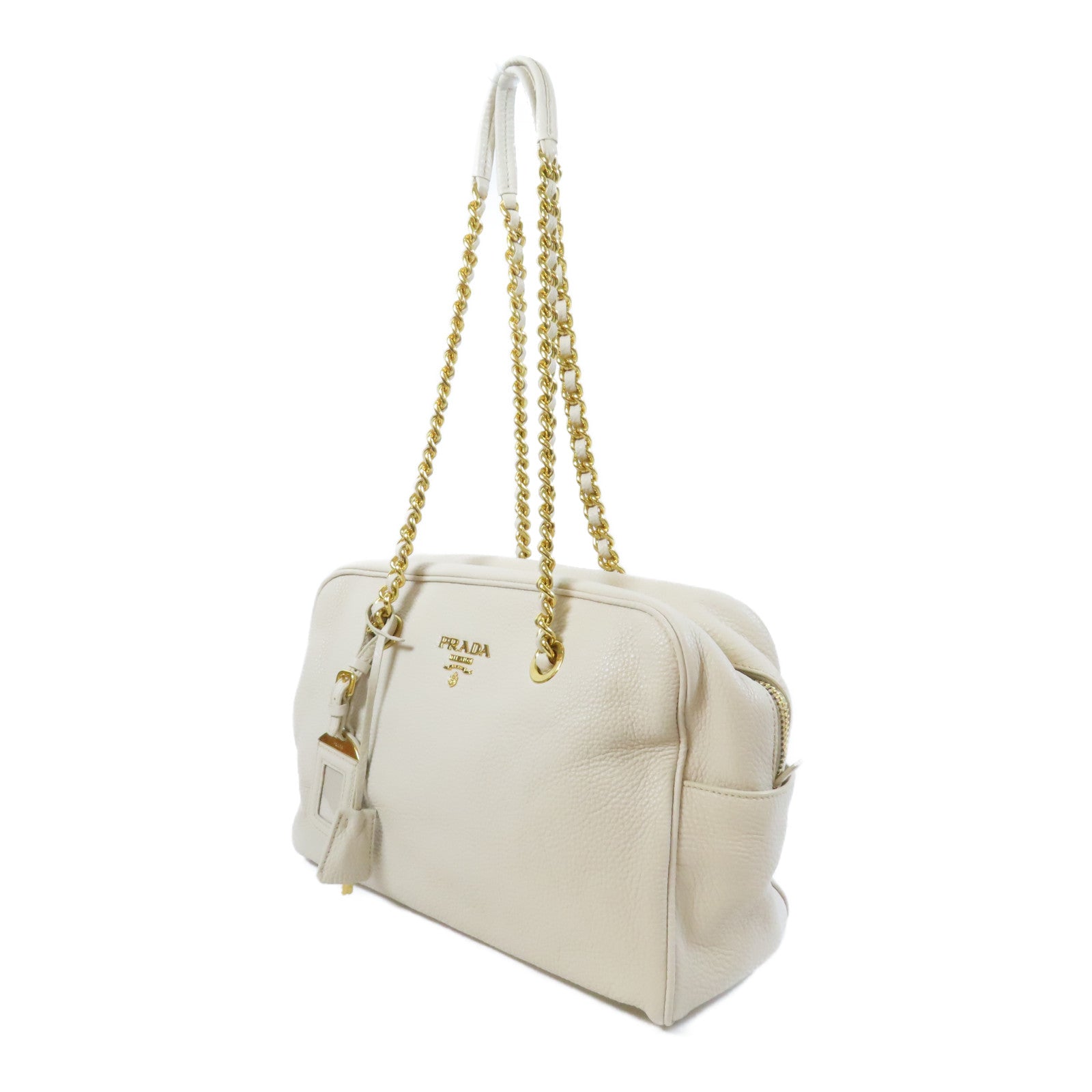 PRADA 牛皮皮革Shoulder Bag金扣鏈帶肩背袋米色