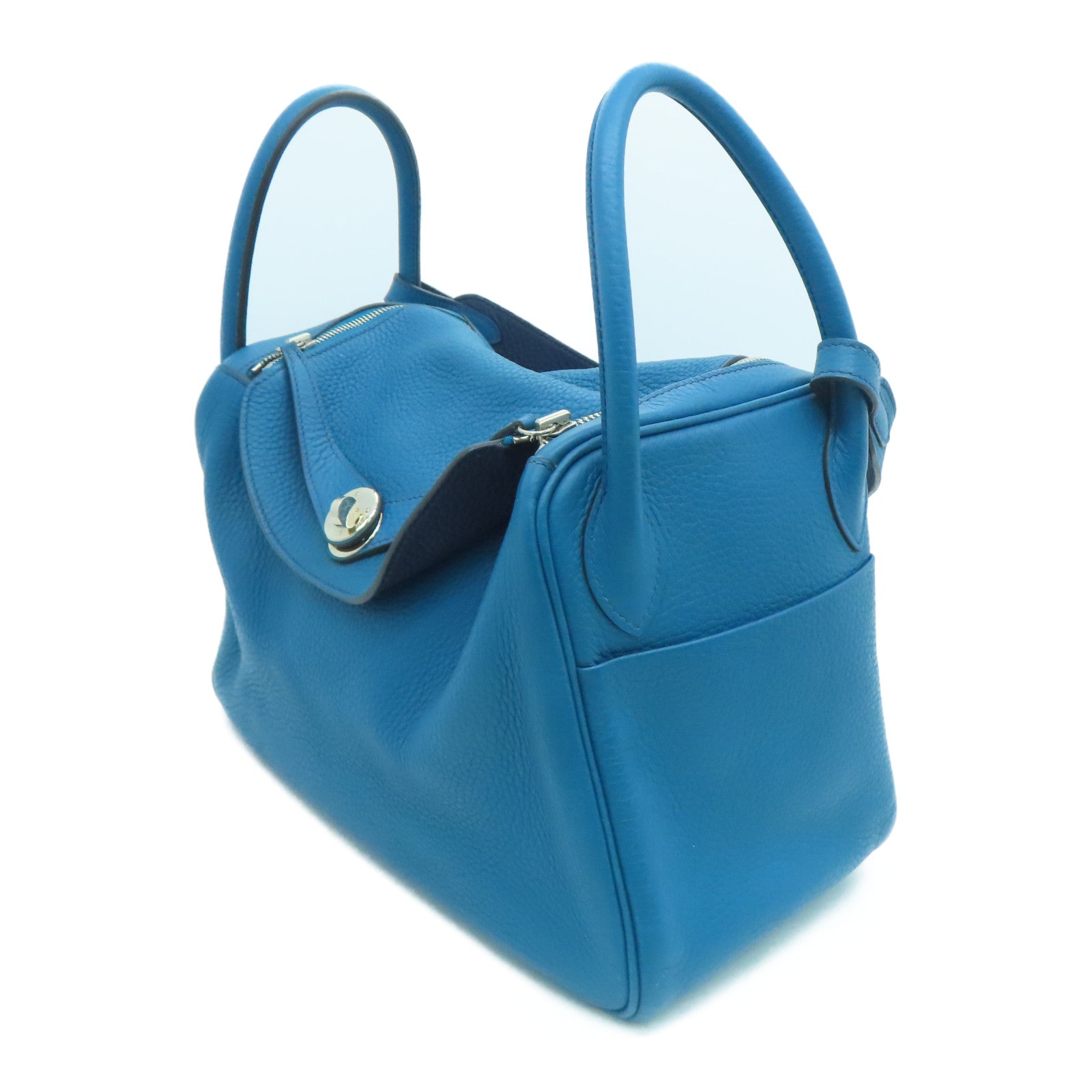 HERMES 【激減優惠】Clemence皮革Lindy 30 Shoulder Bag銀扣肩背袋伊玆密爾藍/Bleu Izmir/7W