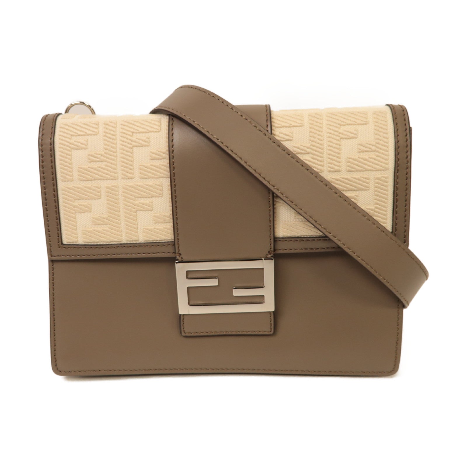 FENDI 帆布/牛皮皮革Flat Baguette Shoulder Bag銀扣肩背袋米色/灰色
