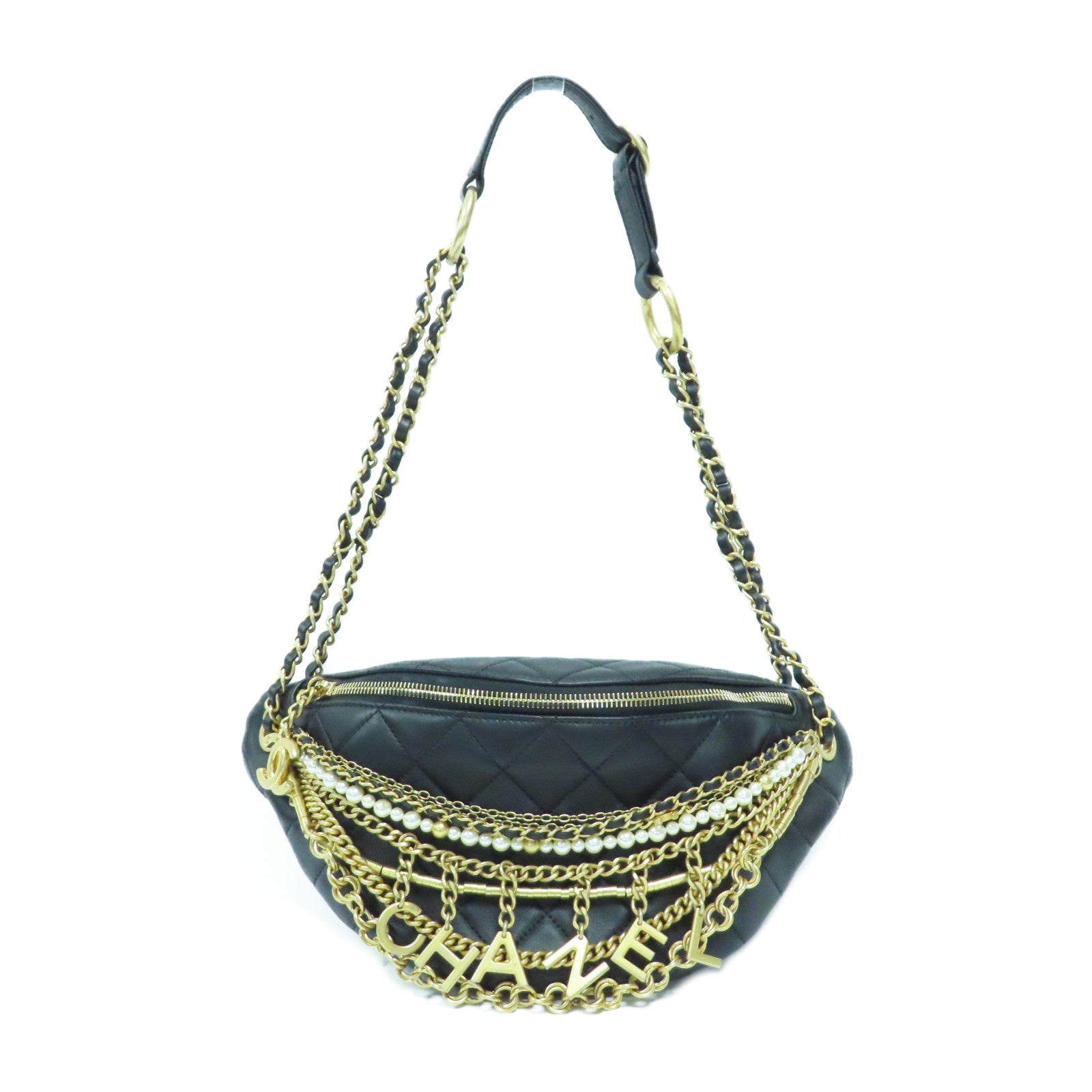 CHANEL 菱格羊皮皮革Waist Bag金扣鏈帶腰包黑色