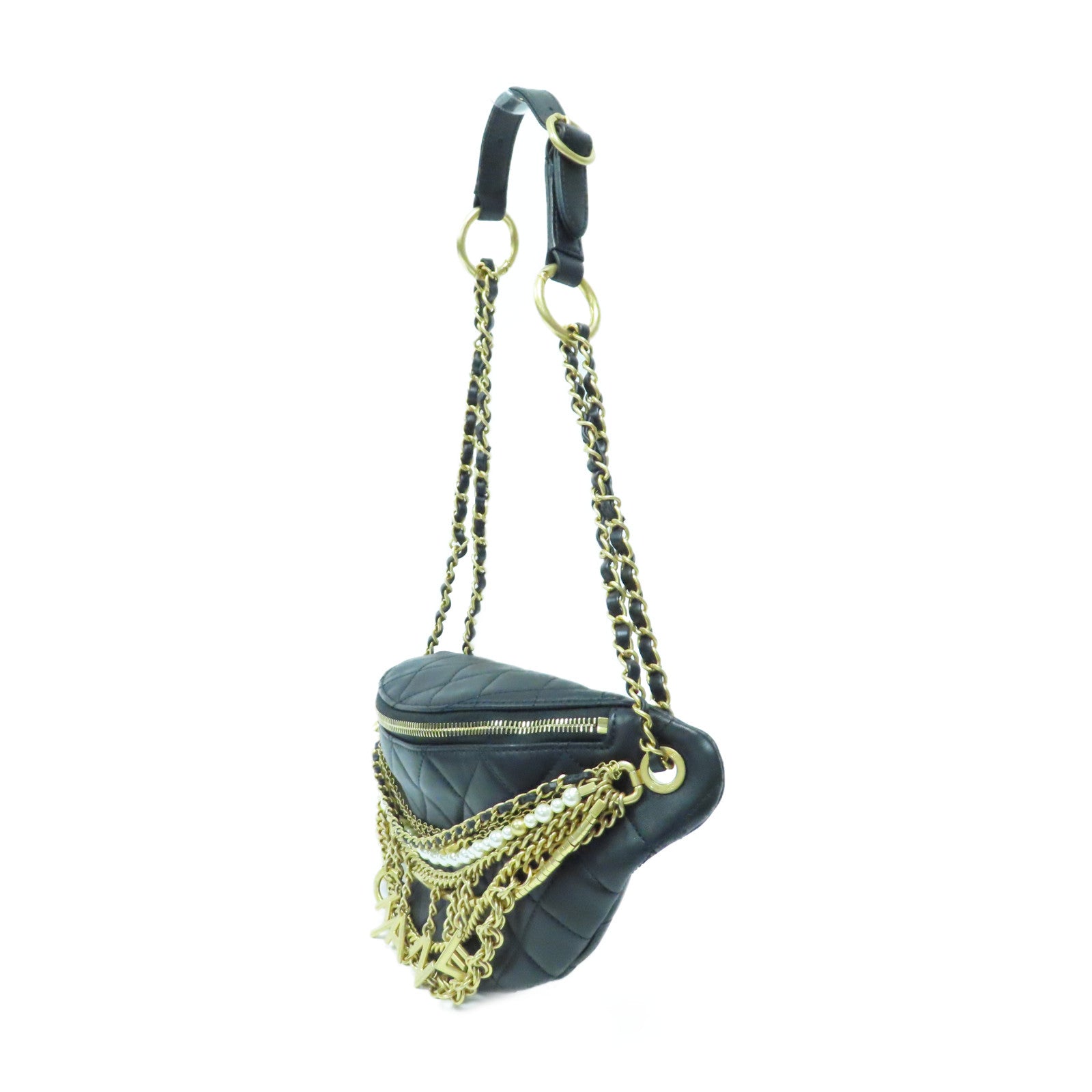 CHANEL 菱格羊皮皮革Waist Bag金扣鏈帶腰包黑色