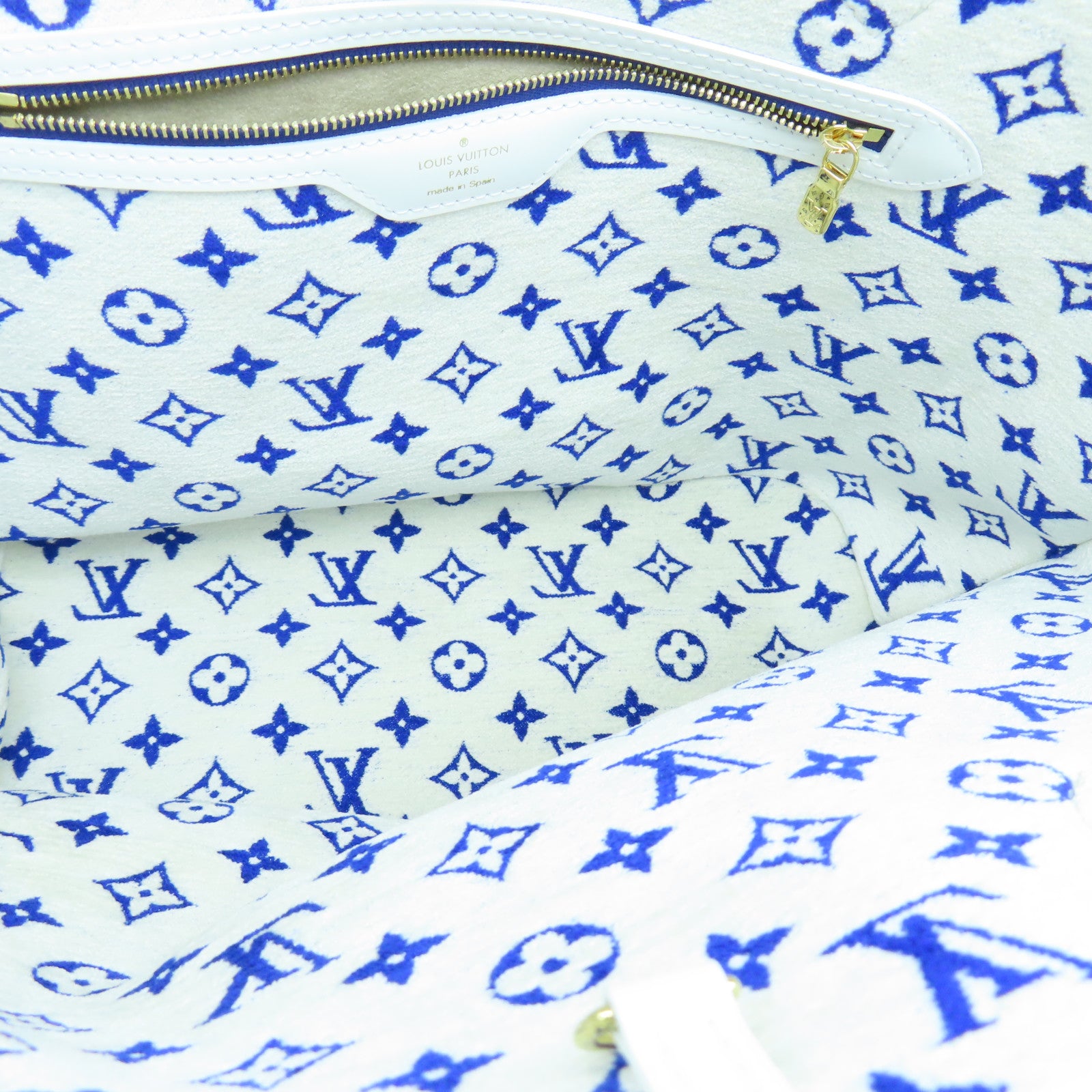 LOUIS VUITTON Jacquard Canvas/Leather Neverfull MM Gold Buckle Handle Bag White/Blue