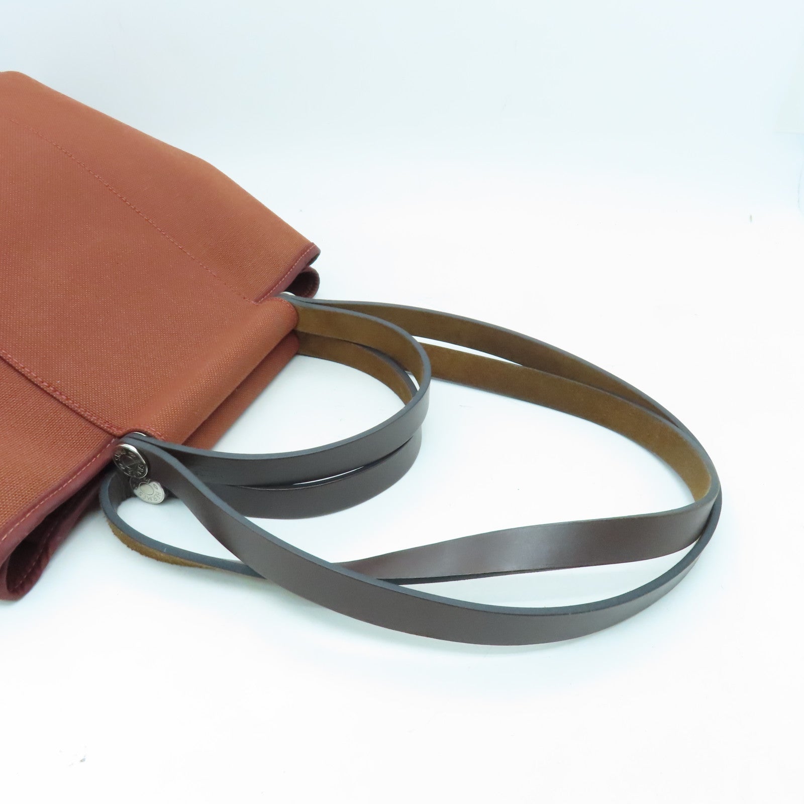 HERMES Canvas Cabag Silver Buckle Handle Shoulder Bag Brique Brown