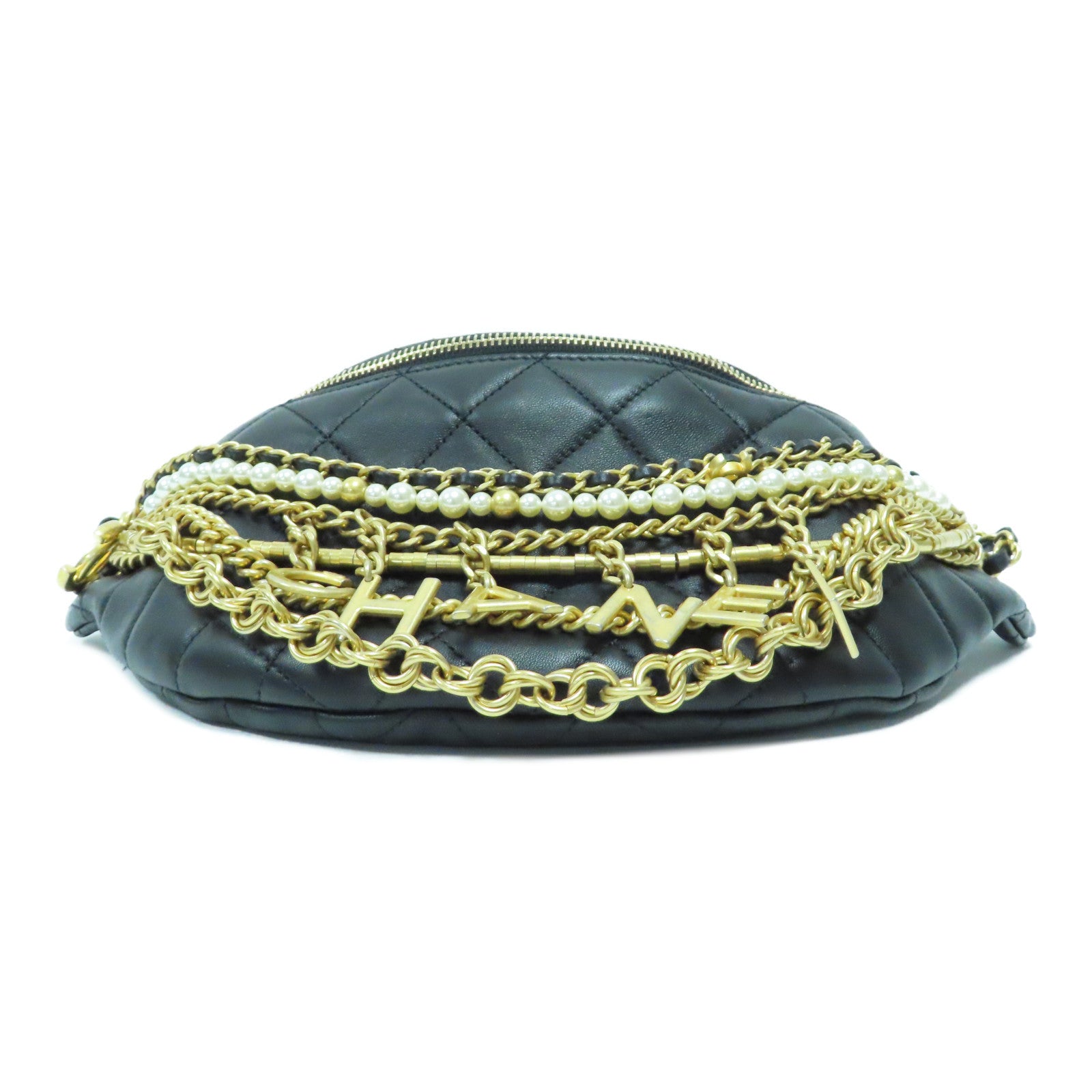 CHANEL 菱格羊皮皮革Waist Bag金扣鏈帶腰包黑色