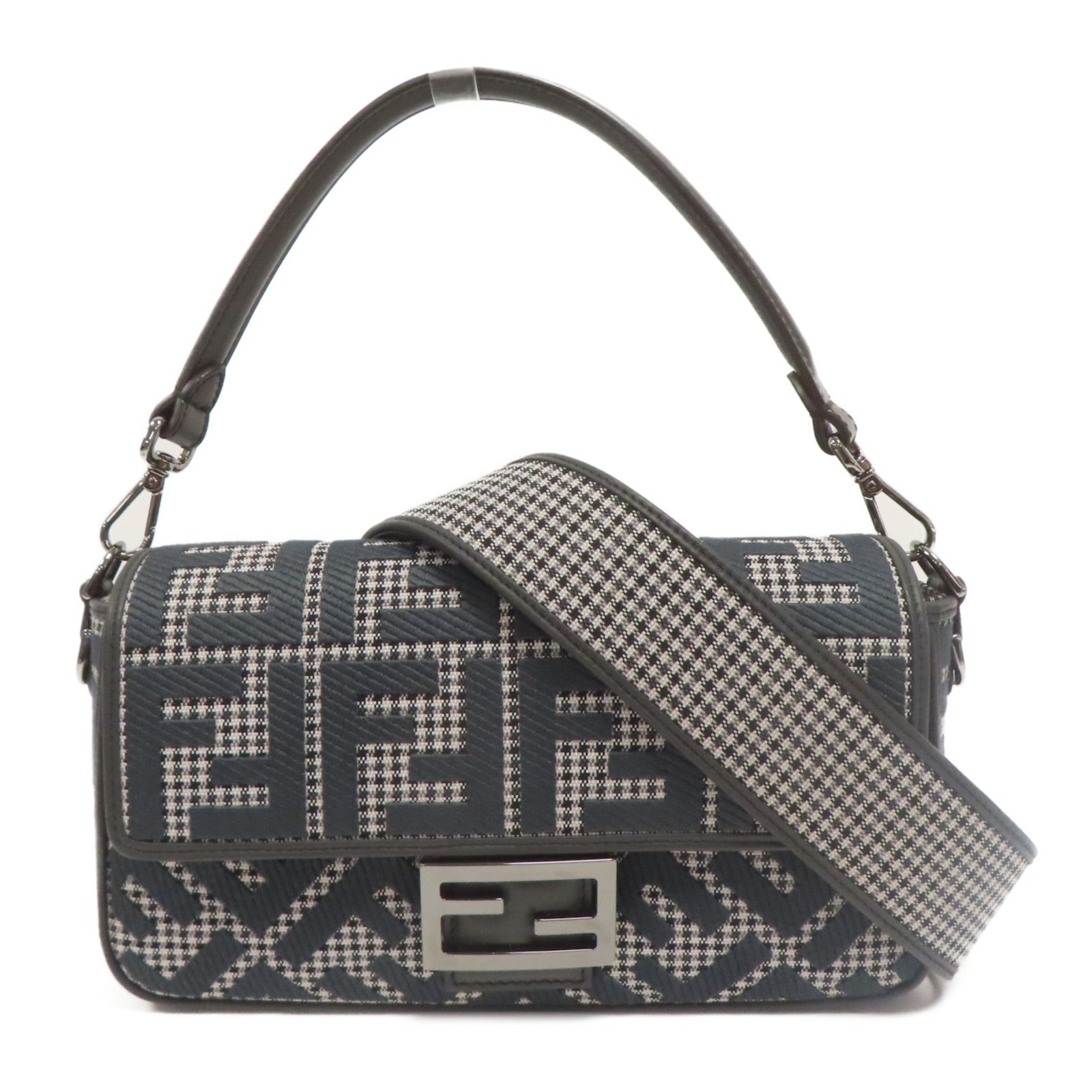 FENDI 帆布/牛皮皮革2 Way Shoulder銀扣手挽肩背兩用袋灰色