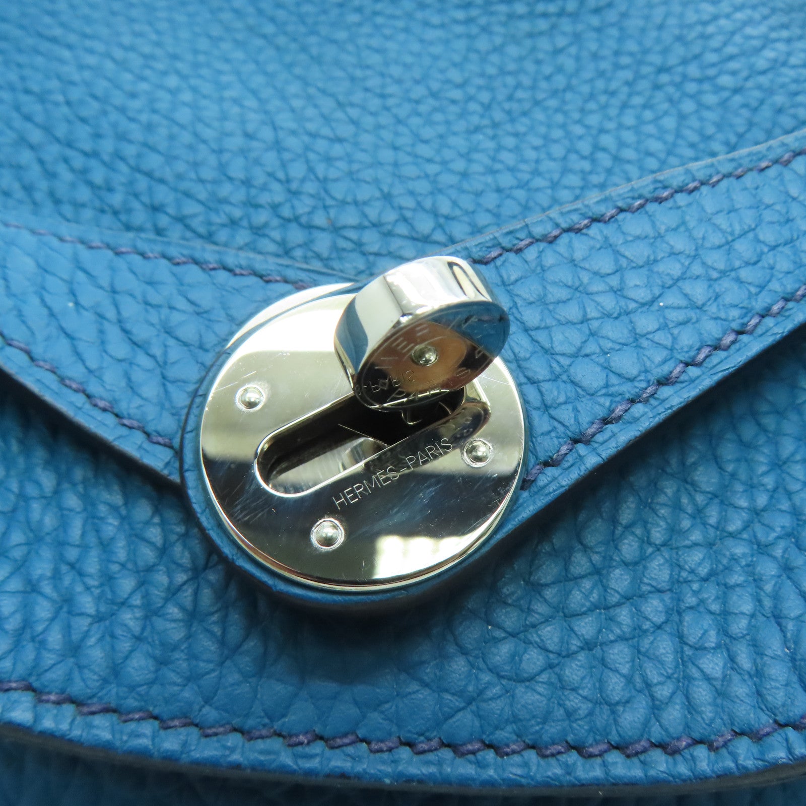 HERMES 【激減優惠】Clemence皮革Lindy 30 Shoulder Bag銀扣肩背袋伊玆密爾藍/Bleu Izmir/7W