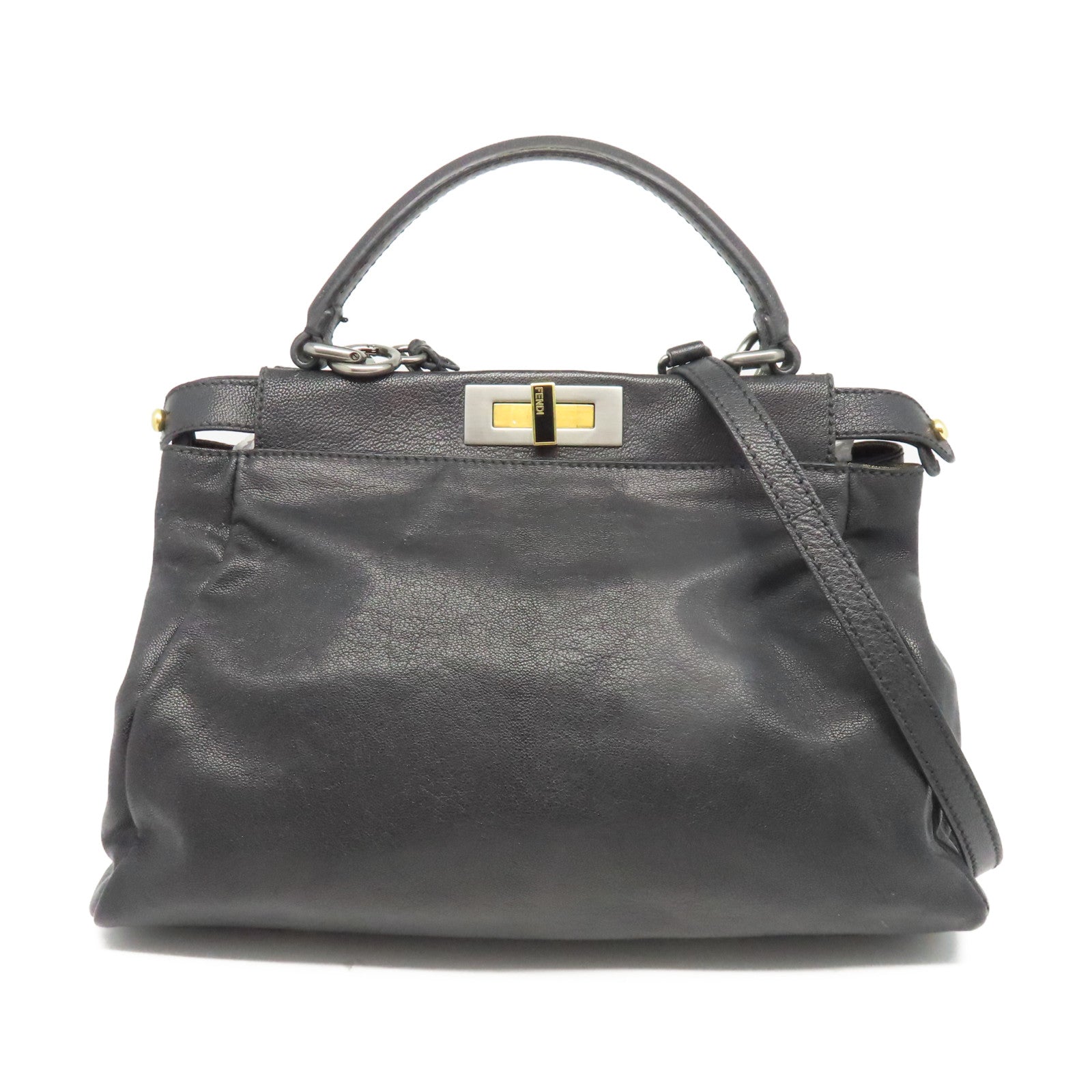 FENDI 牛皮皮革Peekaboo金扣肩背袋黑色