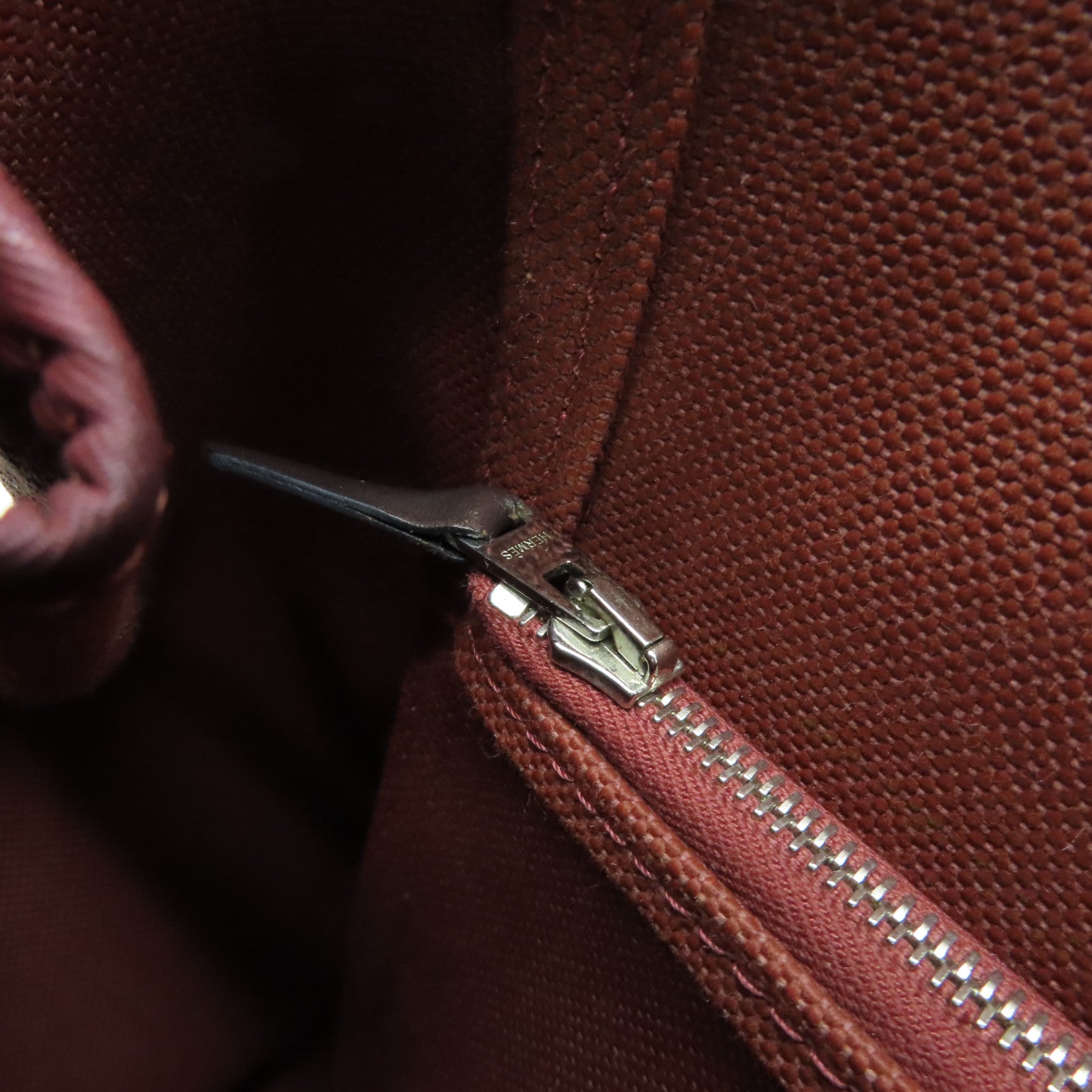 HERMES Canvas Cabag Silver Buckle Handle Shoulder Bag Brique Brown