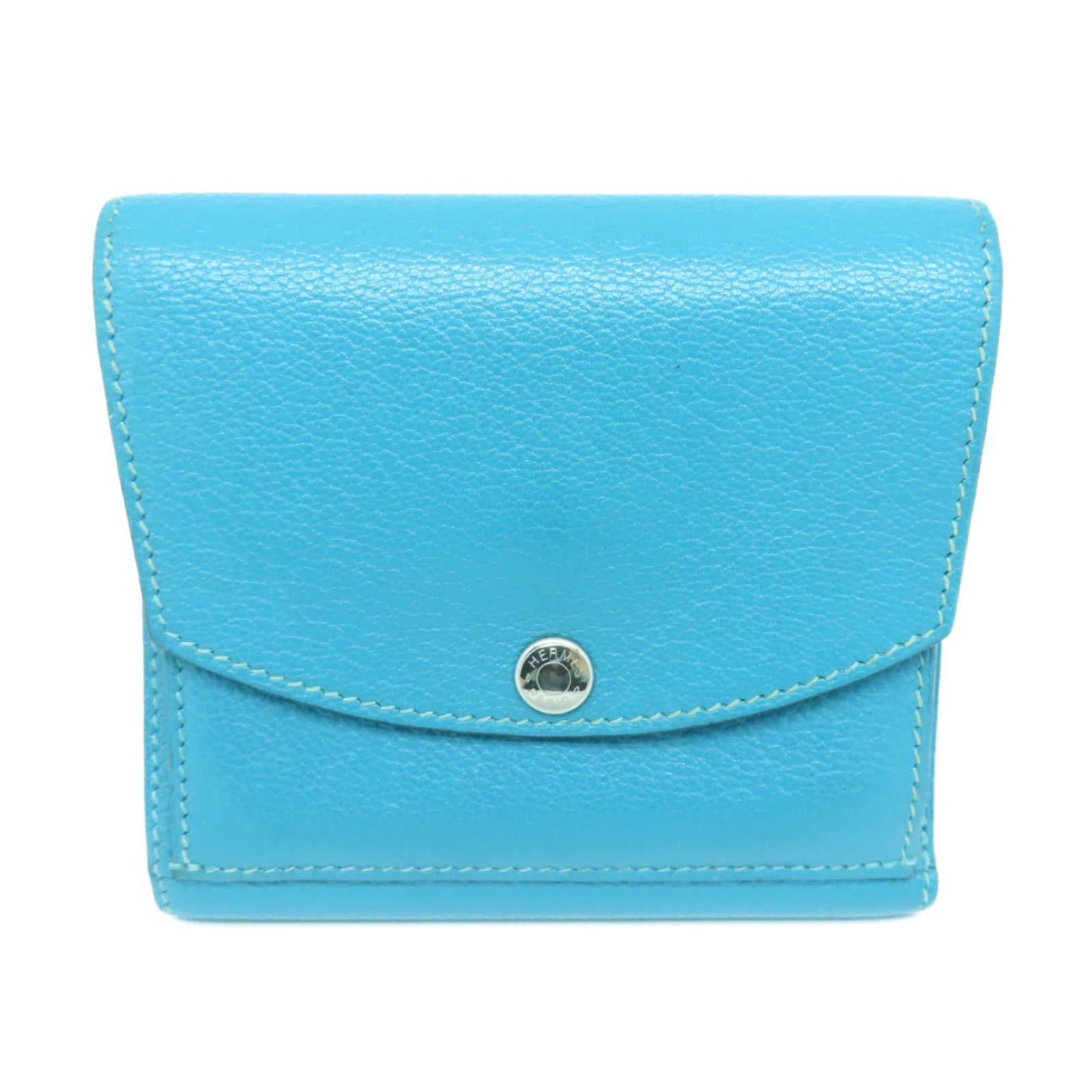HERMES Chevre Leather Wallet Silver Buckle Wallet Bleu Paon Blue