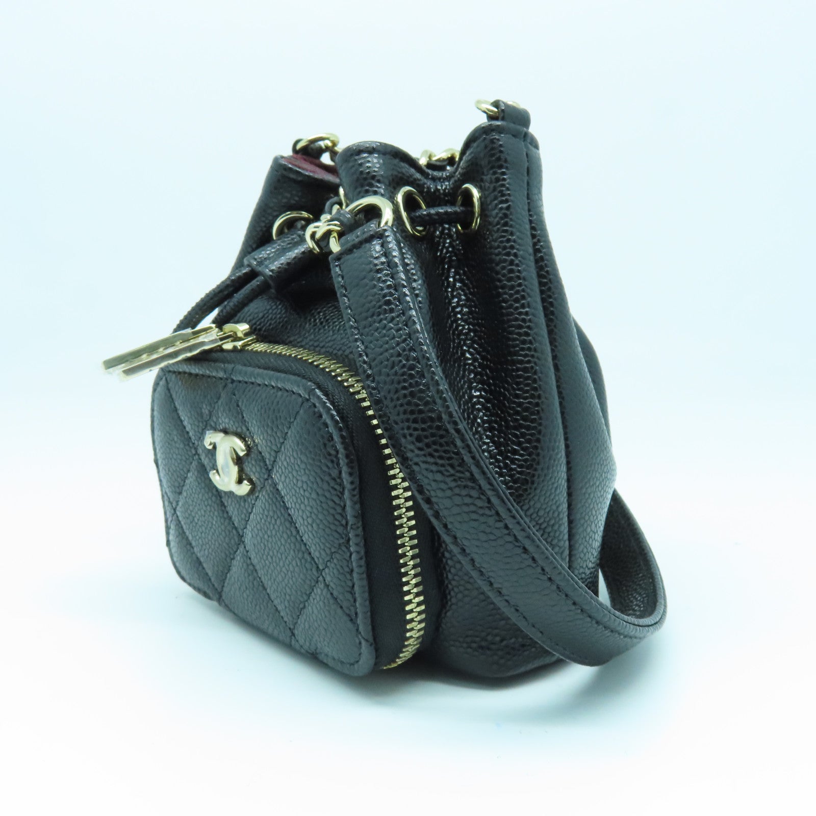 CHANEL 菱格Caviar皮革Chain Shoulder Bag金扣链带肩背袋黑色