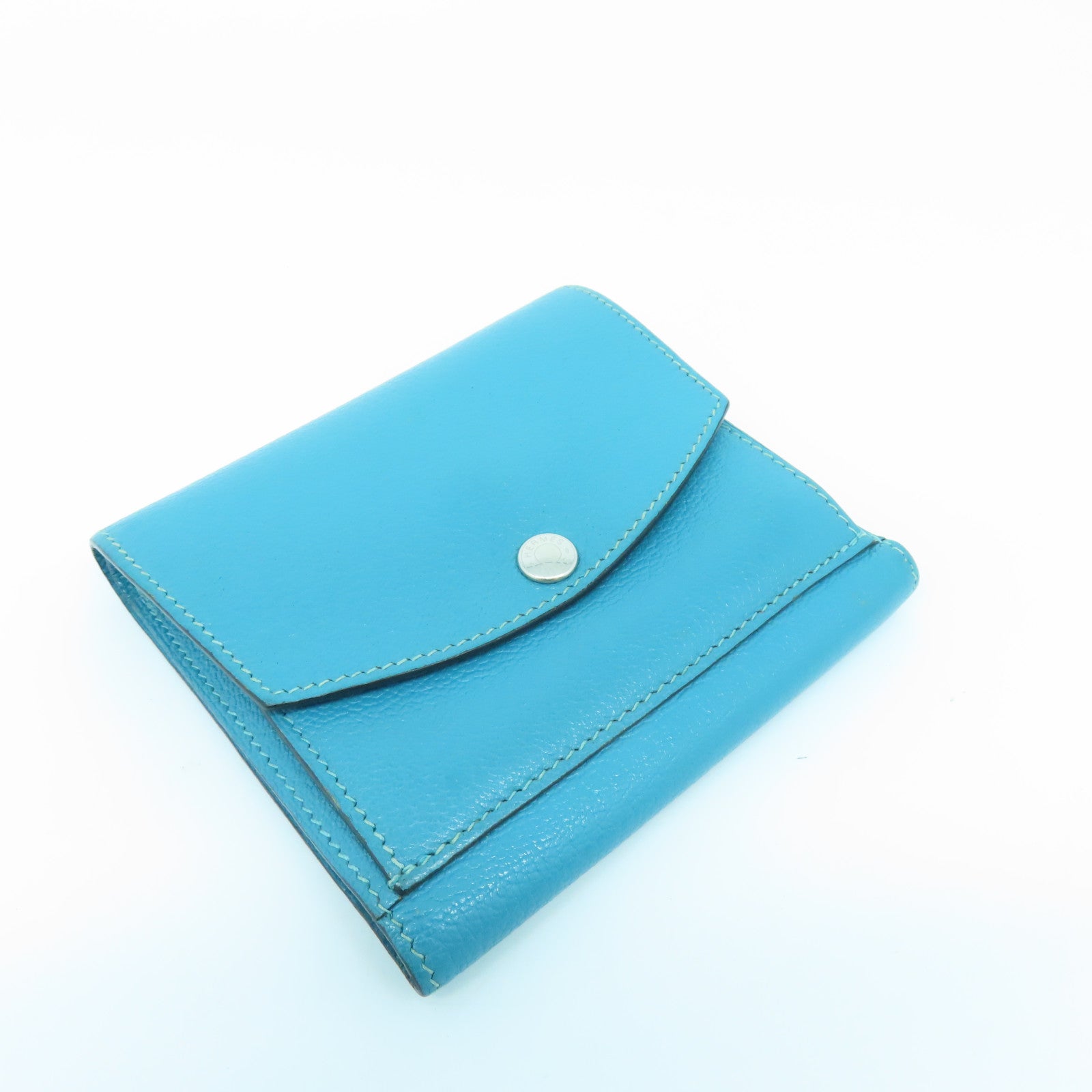 HERMES Chevre Leather Wallet Silver Buckle Wallet Bleu Paon Blue