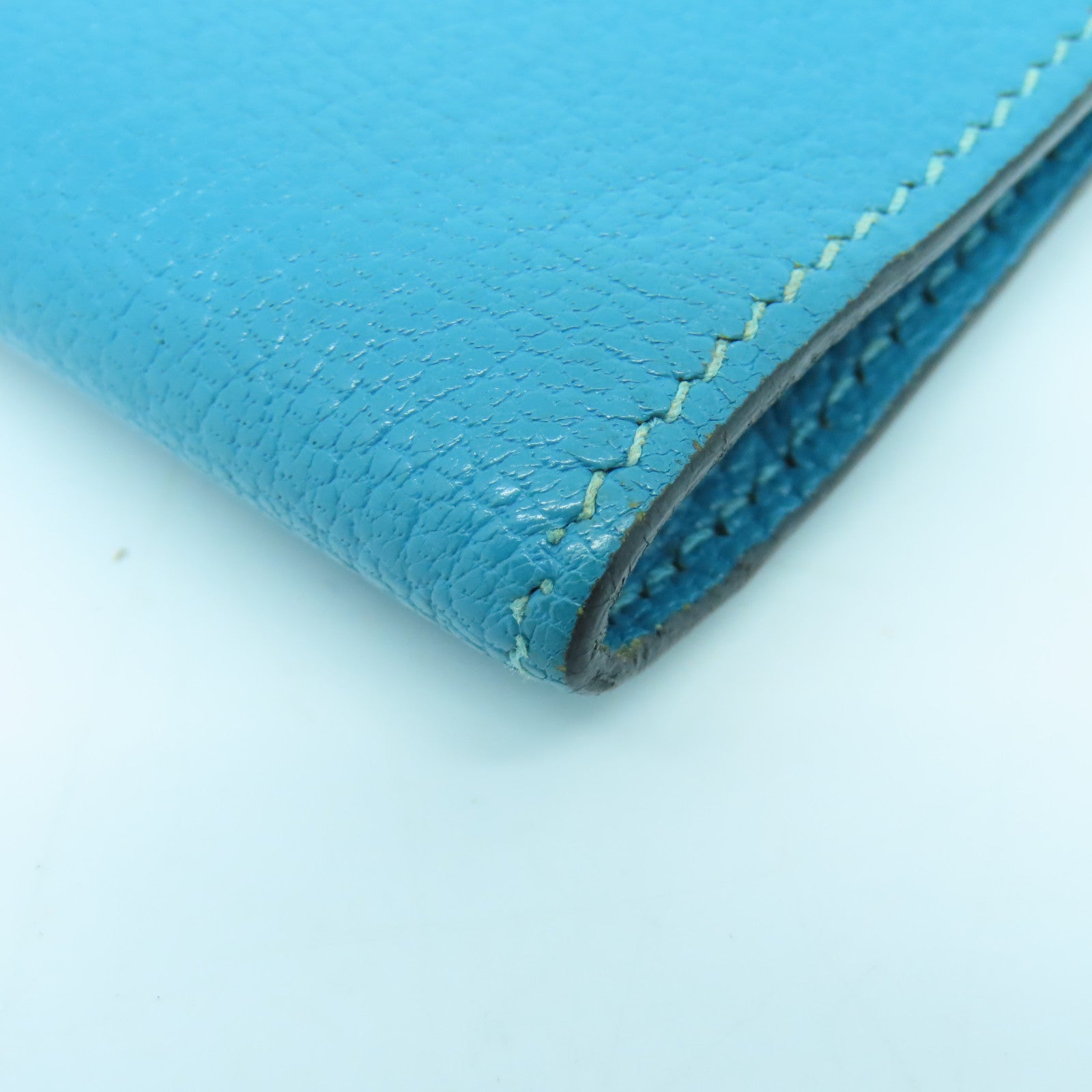 HERMES Chevre Leather Wallet Silver Buckle Wallet Bleu Paon Blue