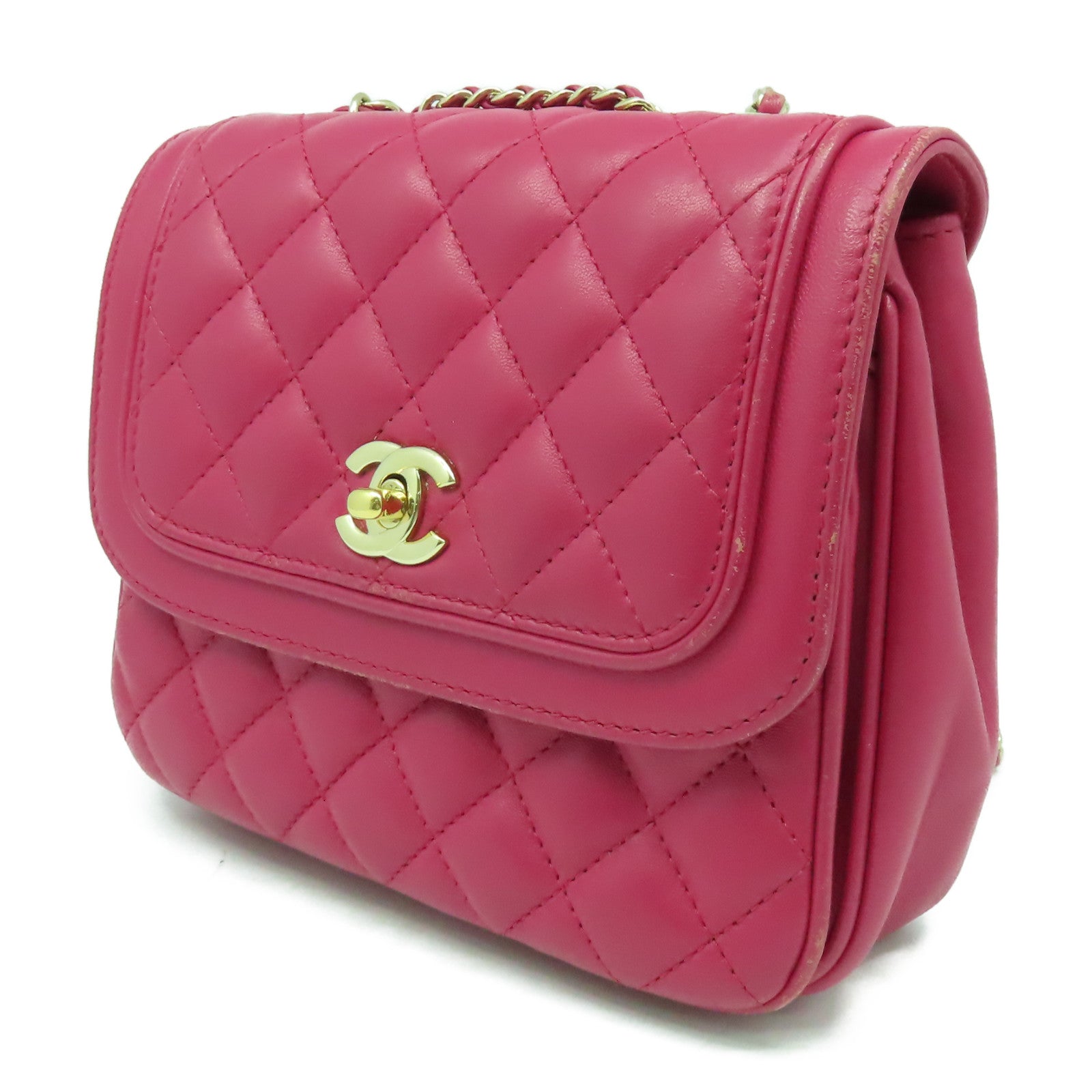 CHANEL 菱格羊皮皮革Chain Shoulder Bag金扣肩背袋紫紅色