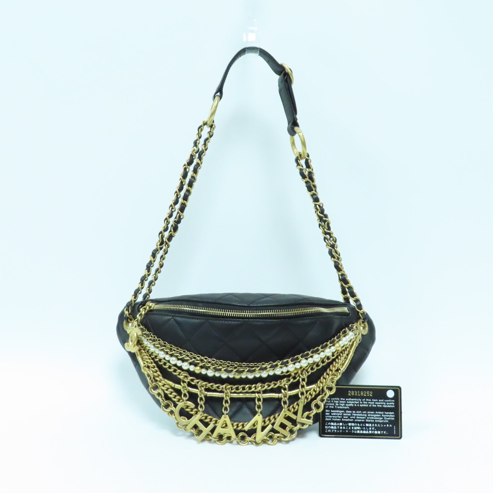 CHANEL 菱格羊皮皮革Waist Bag金扣鏈帶腰包黑色