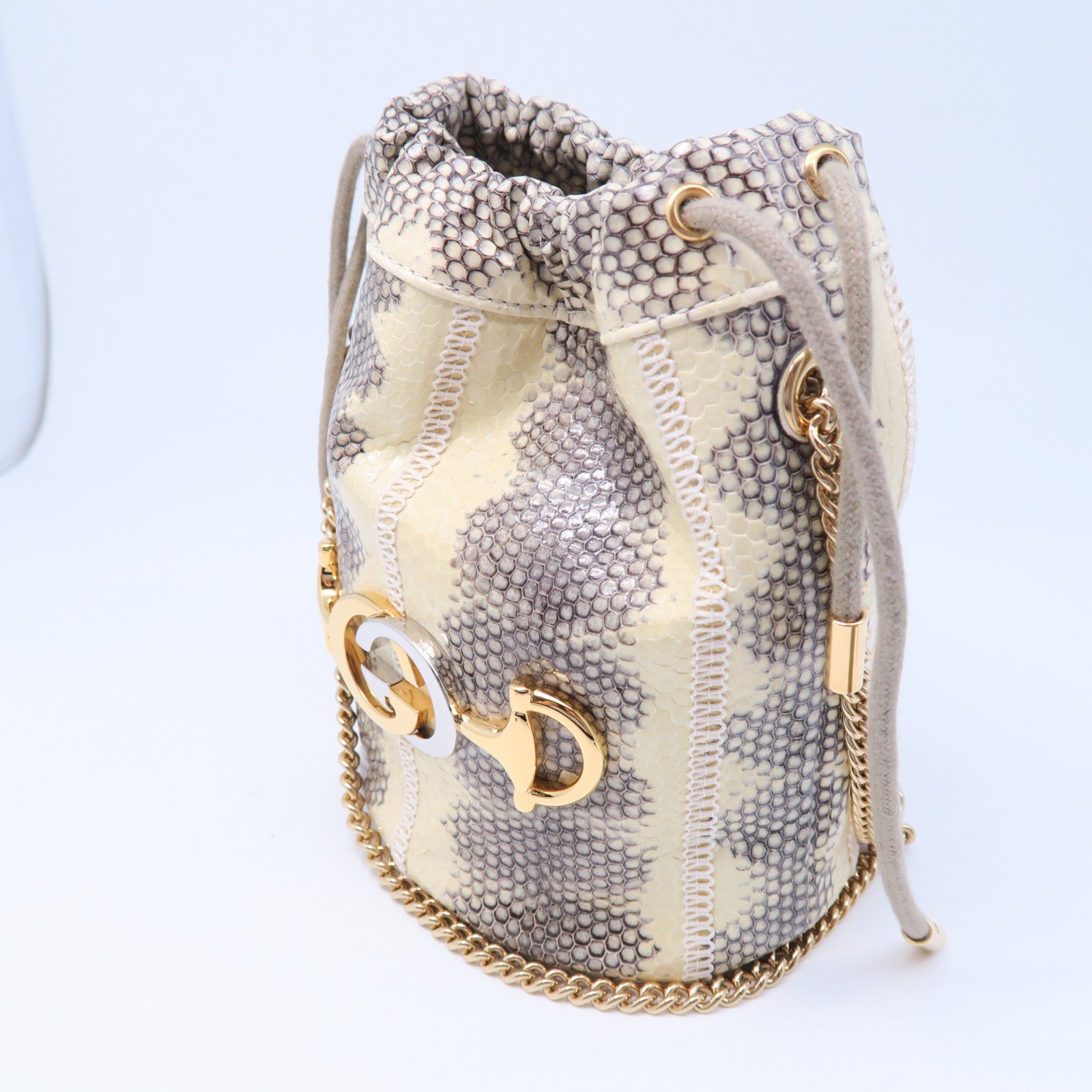 GUCCI 【激減優惠】蛇皮皮革Chain Shoulder銀扣鏈帶肩背袋米色